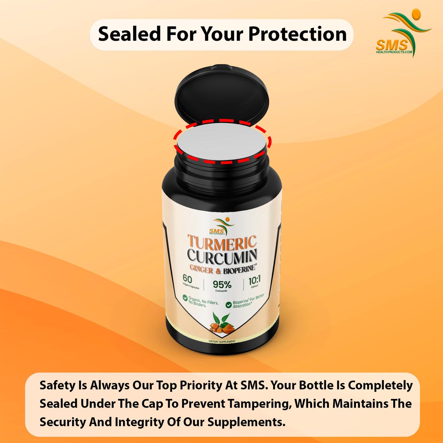 SMSHEALTHPRODUCTS.com Turmeric Curcumin with Ginger, BioPerine Black Pepper, 95% Curcuminoids, Natural Joint & Healthy Inflammatory Support, Antioxidant Turmeric Supplement, 60 Veggie Capsules