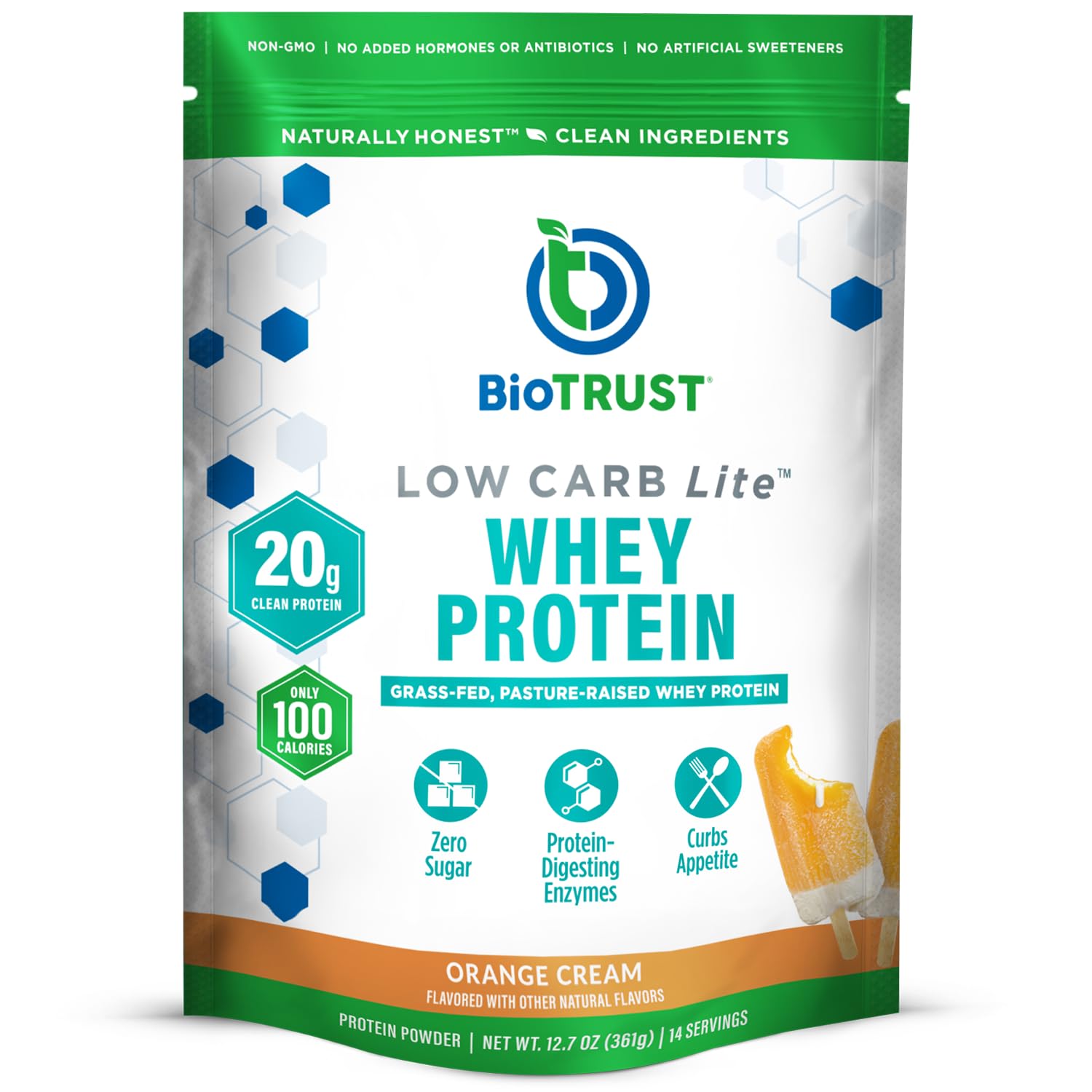 BioTrust Low Carb Lite Grass-Fed Whey Protein Isolate Powder, 12.7 oz, 14 Servings, Orange Cream