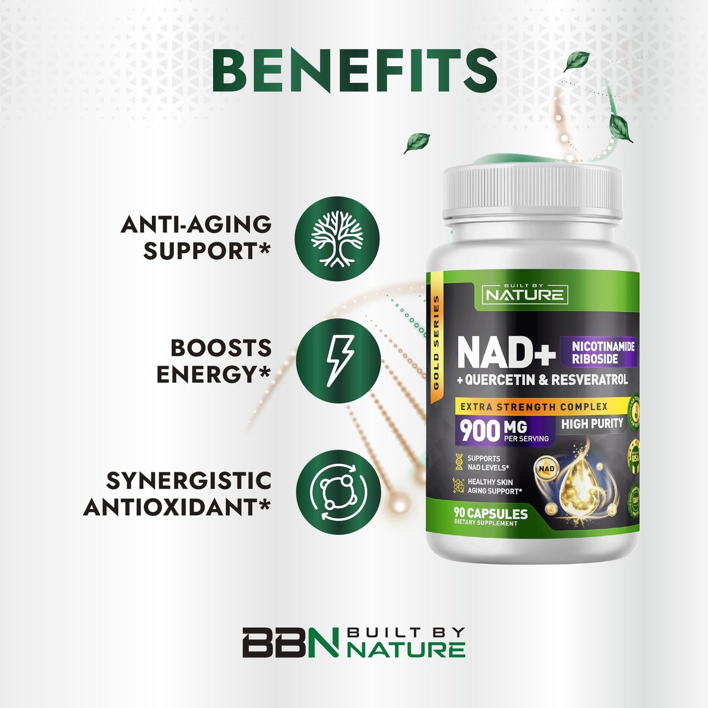 Built by Nature NAD Supplement 90 Capsules with Nicotinamide Riboside, Quercetin & Resveratrol