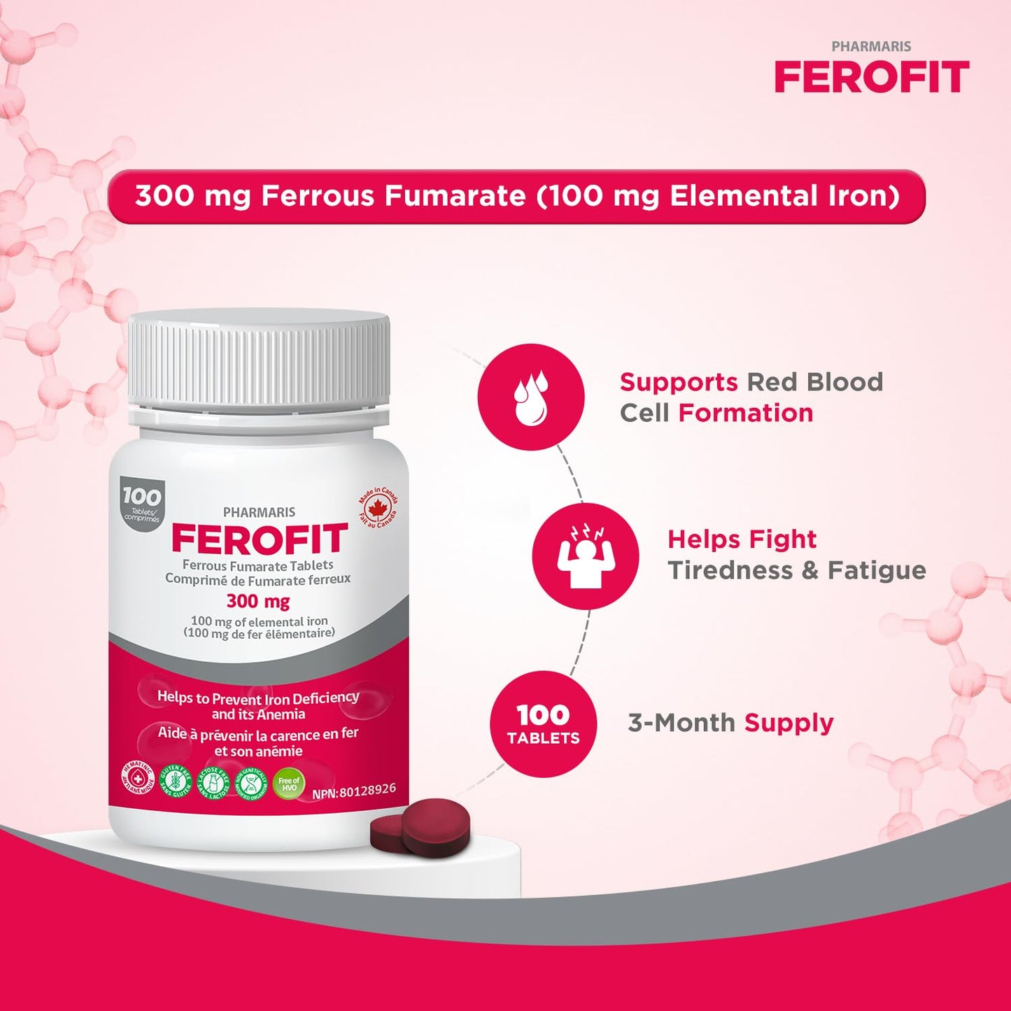 Pharmaris Ferofit Ferrous Fumarate 300mg (100mg Elemental Iron) 100 Tablets