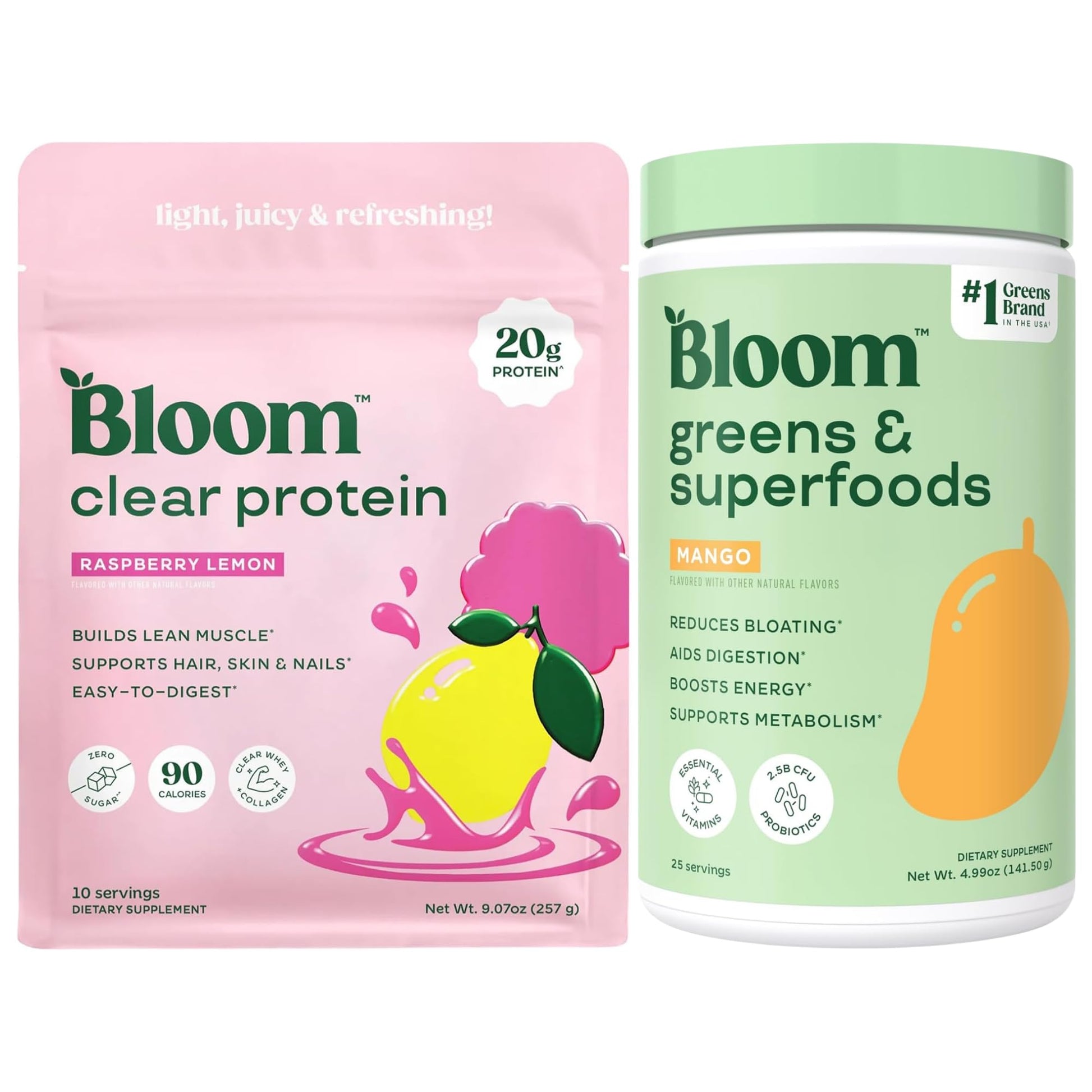Bloom Nutrition Raspberry Lemonade Clear Protein and Mango Greens Powder Bundle
