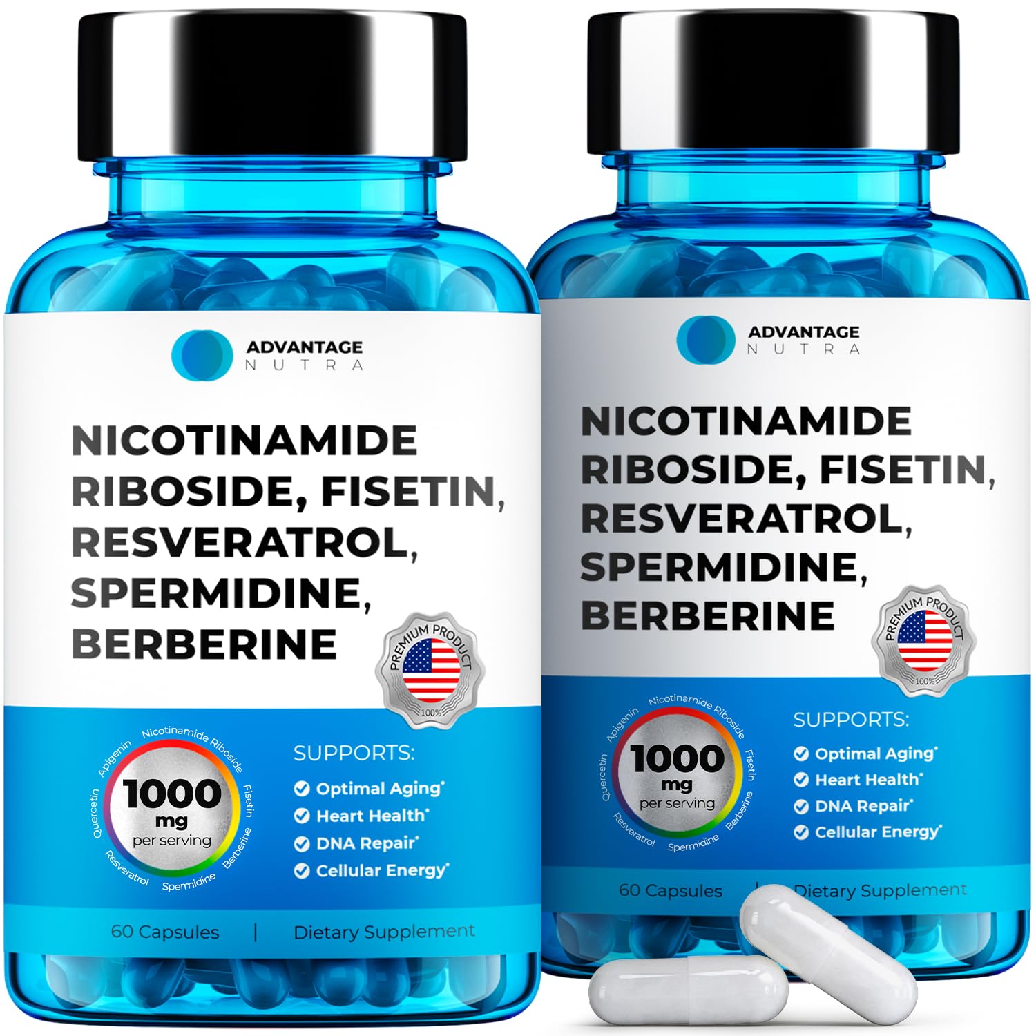 AdvantageNutra Liposomal Nicotinamide Riboside NR Supplement with Resveratrol NAD, Nicotinamide 500mg, Fisetin, Resveratrol, Spermidine, Berberine, 120 Capsules