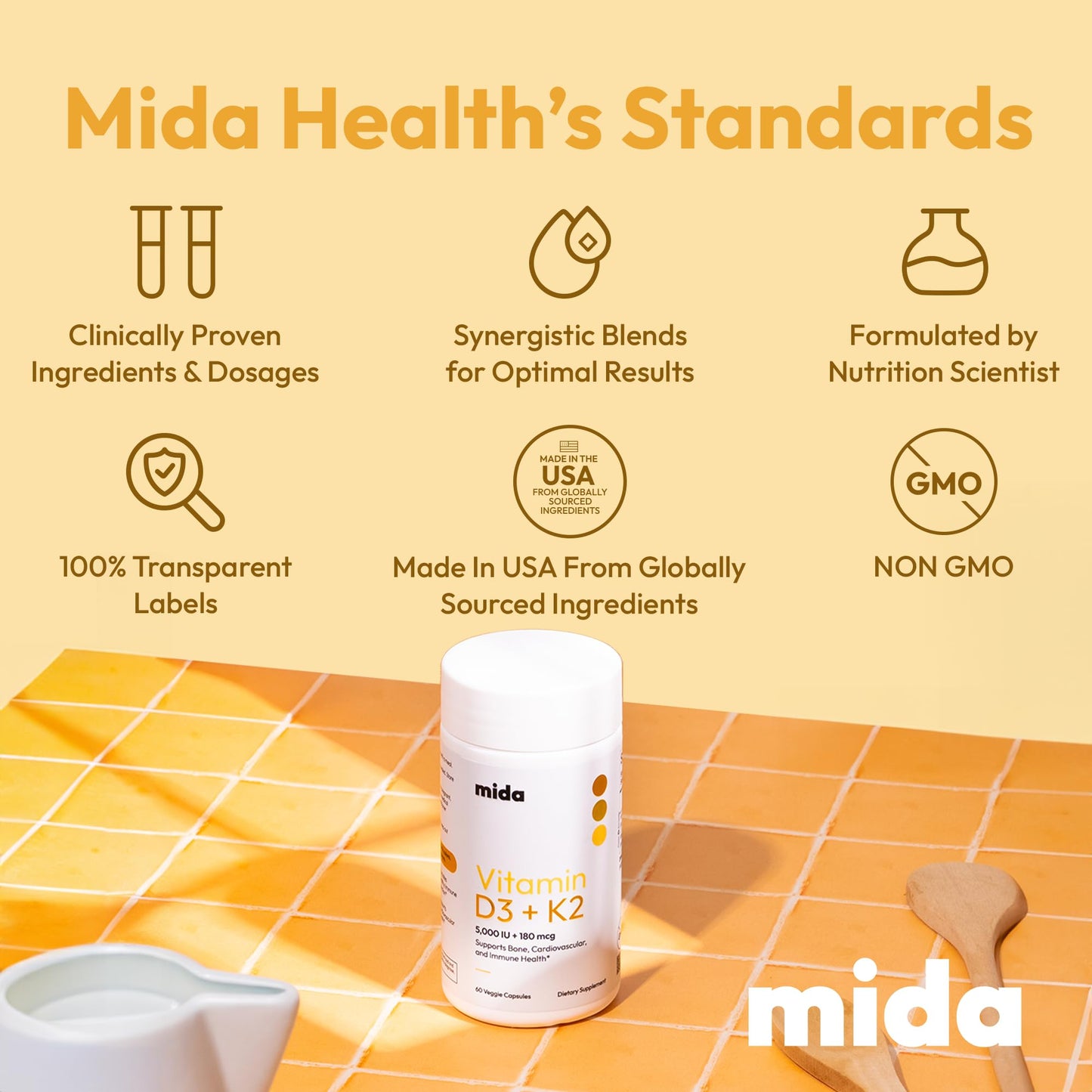 Mida Health Vitamin D3 K2 5000 IU with MK7 (180 mcg) Capsules 60