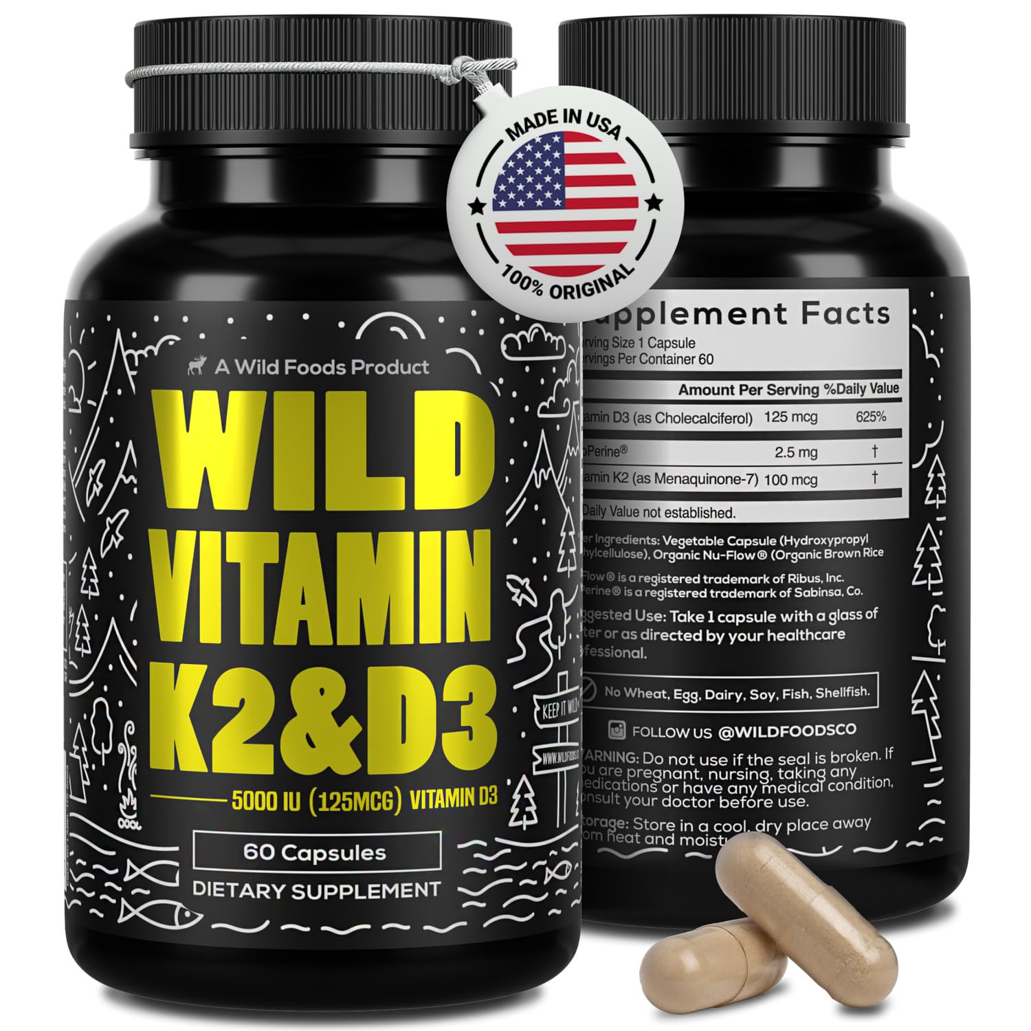 Wild Foods Vitamin D3 + K2 5000iu (100mcg Mk7) with Black Pepper Extract, 120 Capsules