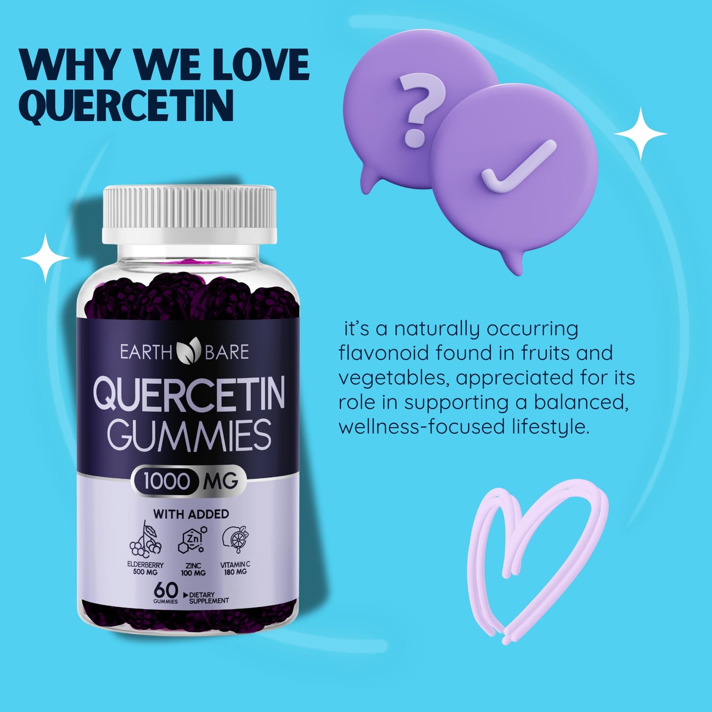 Earth Bare Quercetin Gummies with Elderberry, Zinc & Vitamin C, 60 Gummies