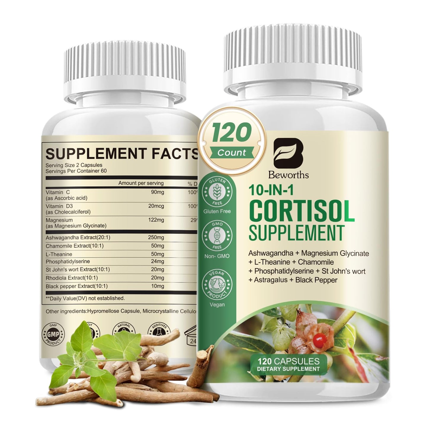 B BEWORTHS Cortisol Supplements for Women Men, 10-in-1 Cortisol Detox with Ashwagandha, Magnesium, L-Theanine, Balanced Cortisol Levels, Night & Calm Support 120 Capsules