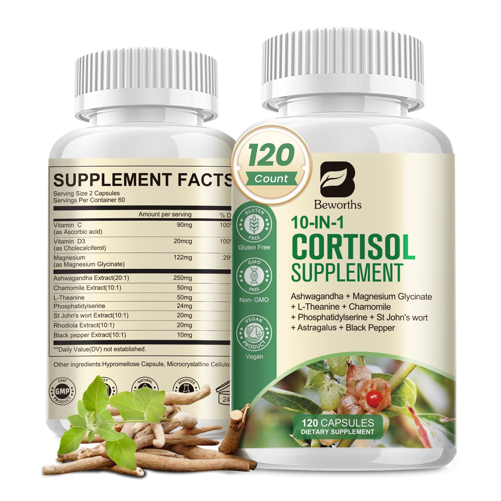 B BEWORTHS Cortisol Supplements for Women Men, 10-in-1 Cortisol Detox with Ashwagandha, Magnesium, L-Theanine, Balanced Cortisol Levels, Night & Calm Support 120 Capsules