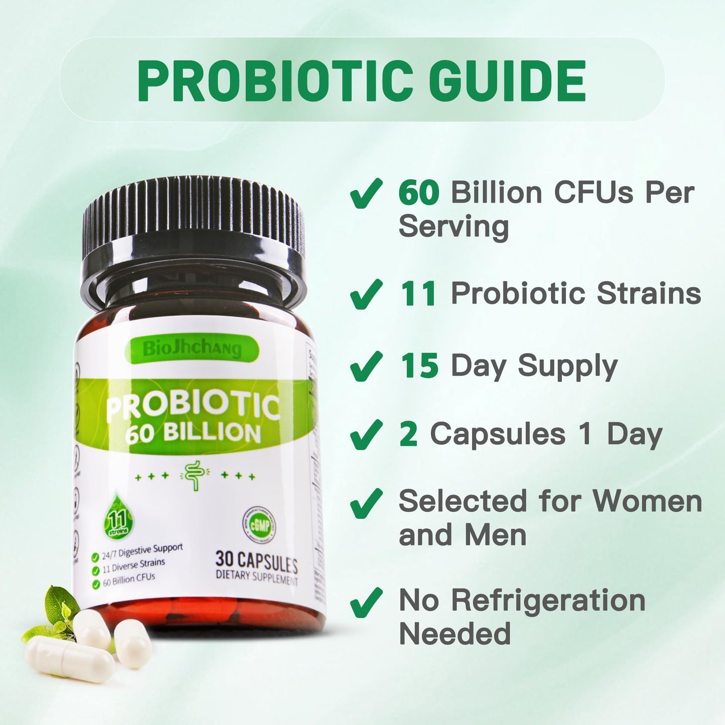 BioJhchang Probiotics 60 Billion CFU, 11 Diverse Strains Probiotic Prebiotic Capsules 30 Count
