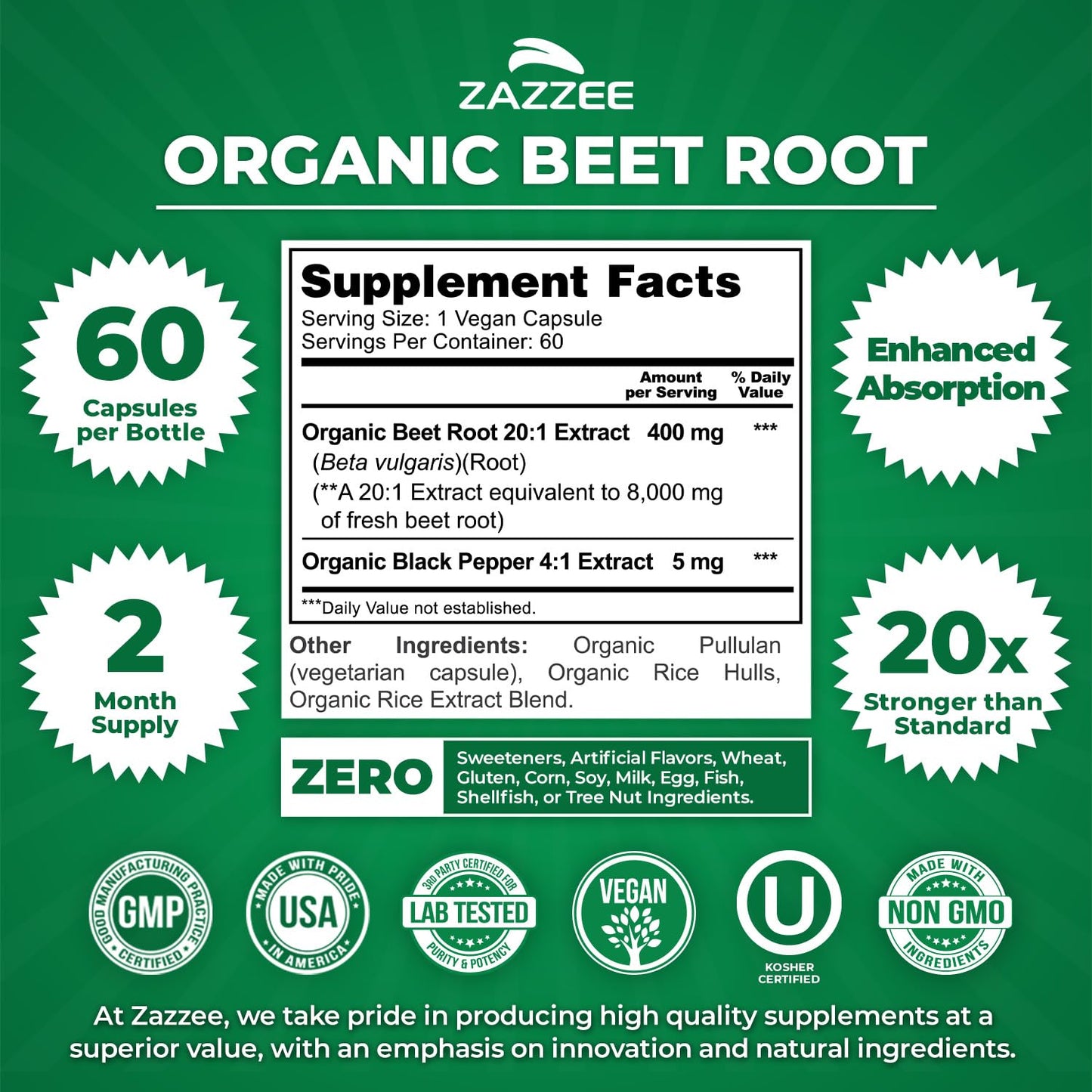 Zazzee USDA Organic Beet Root 20:1 Extract Capsules, 60 Count