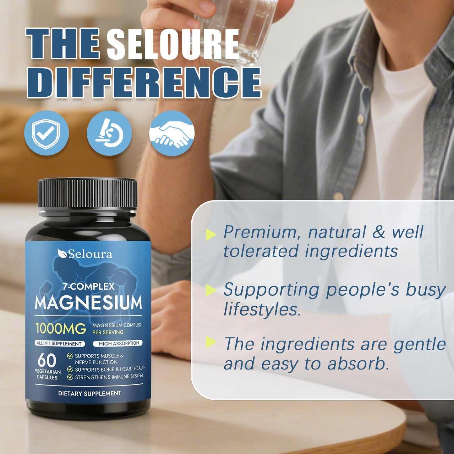 Optikind Seloura Magnesium 7 Complex – Muscle & Energy Support Supplement, Capsules, 60 Count
