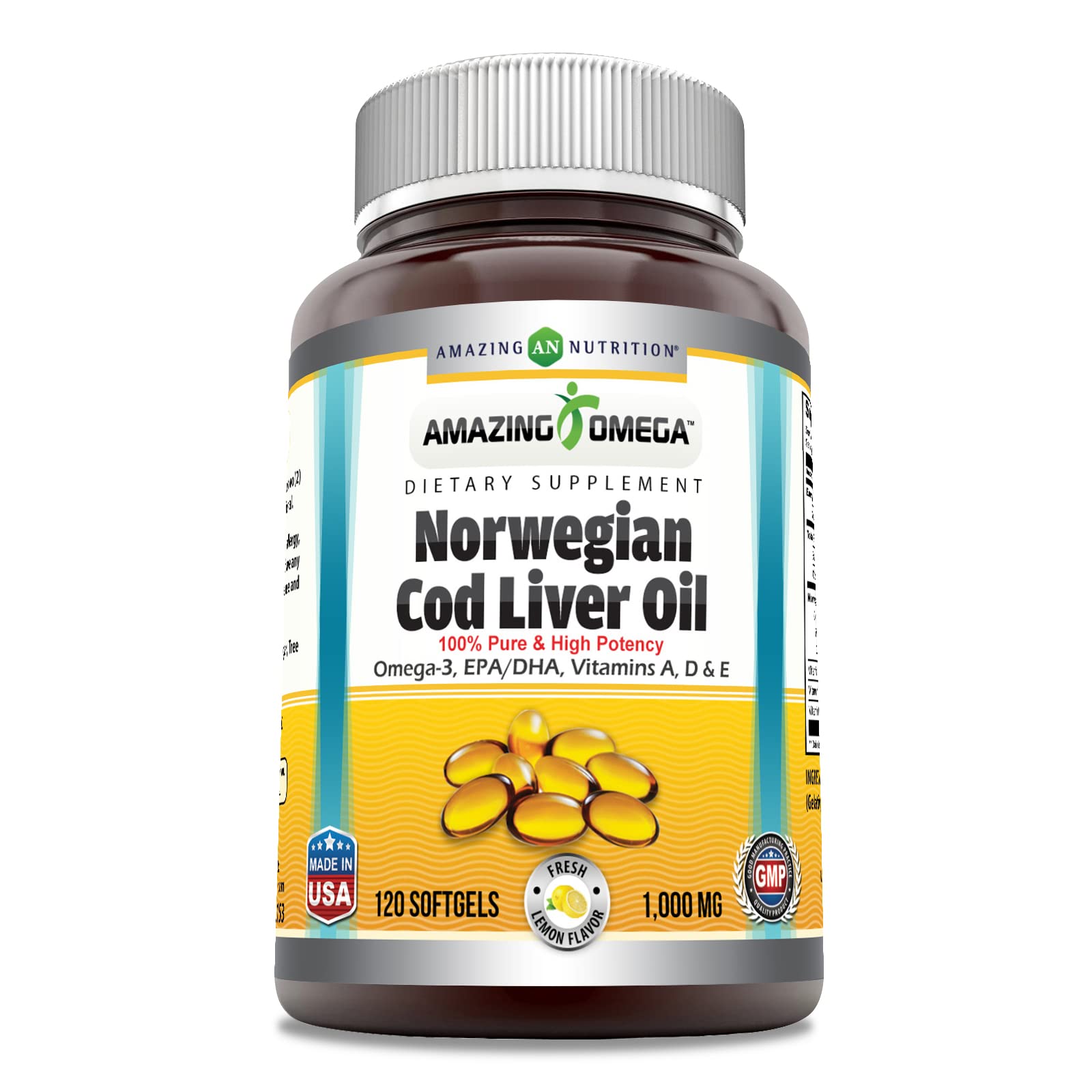 Amazing Nutrition Omega Norwegian Cod Liver Oil 1000 mg Softgels Lemon 120 Count