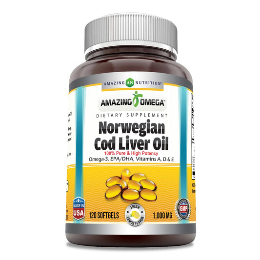 Amazing Nutrition Omega Norwegian Cod Liver Oil 1000 mg Softgels Lemon 120 Count