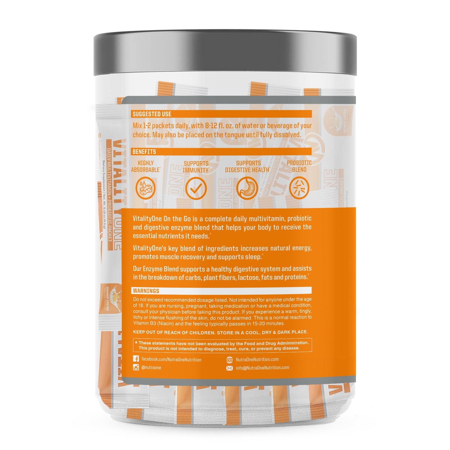 NutraOne VitalityOne On The Go Complete Multivitamin, Probiotic and Enzyme Blend Orange Cream Powder 4.76 Ounce