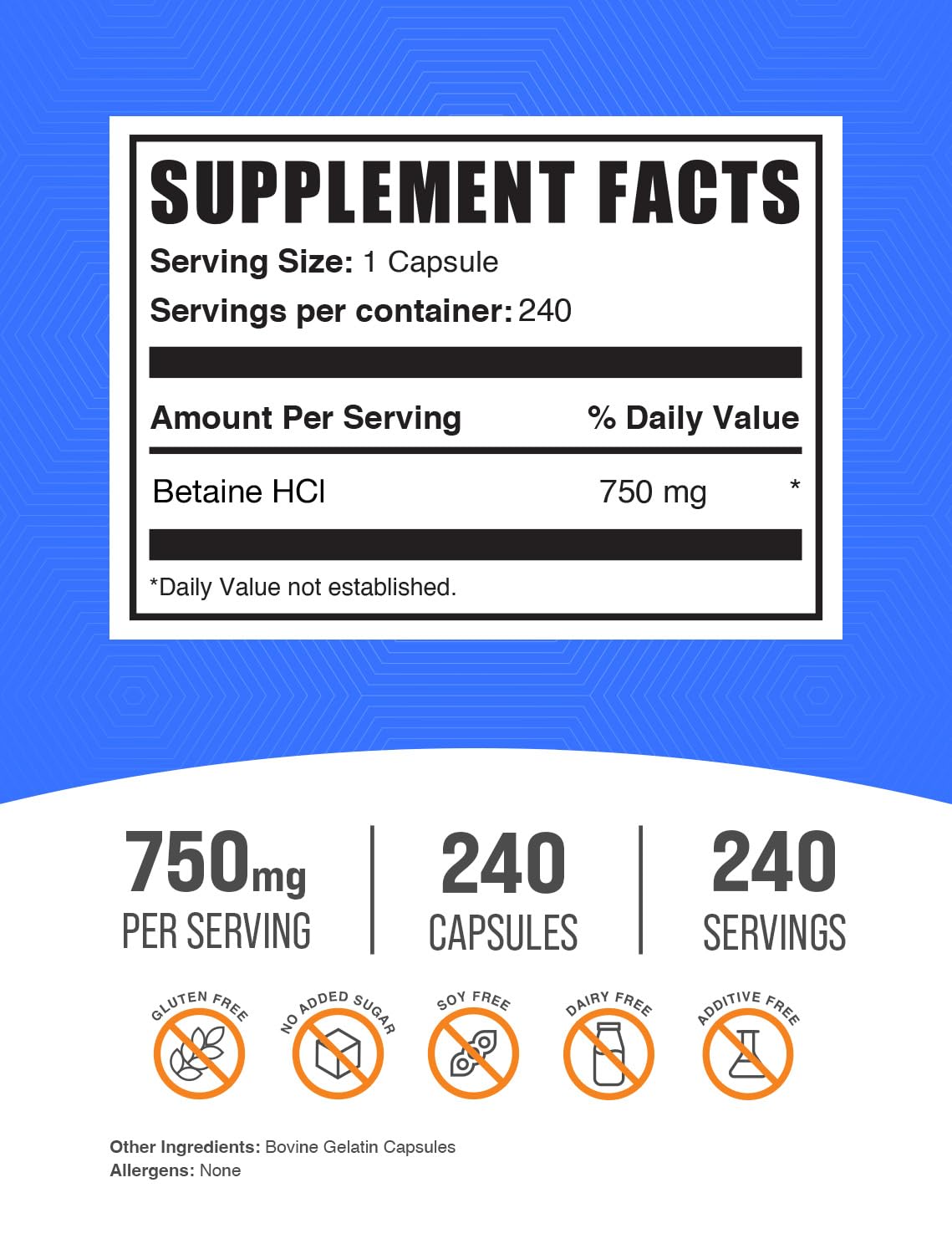 BulkSupplements Betaine HCl Capsules 750mg, Gluten Free, Digestive Support, 480 Capsules