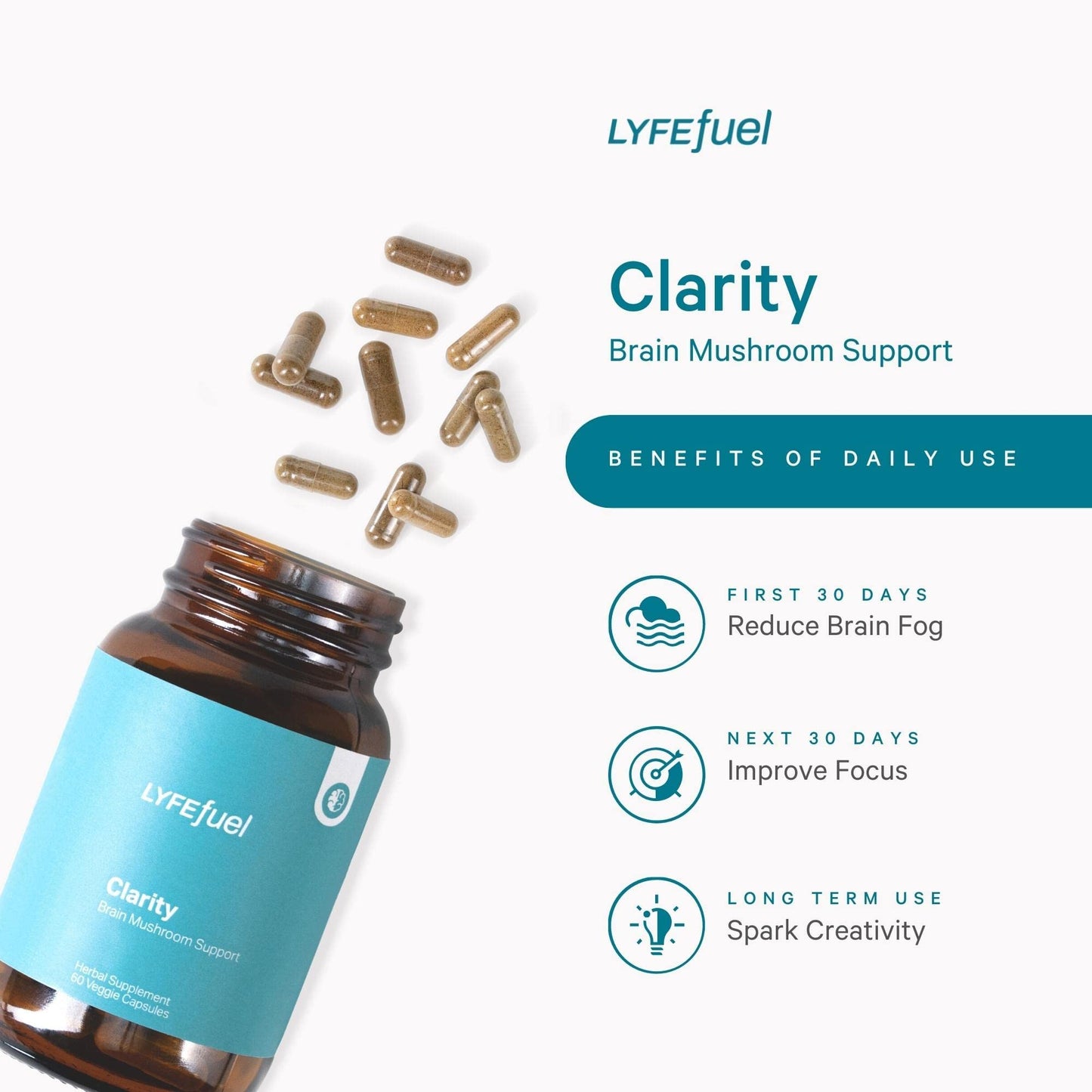 LyfeFuel Nootropic Mushroom Supplement for Clarity & Focus Capsule, 1 Count