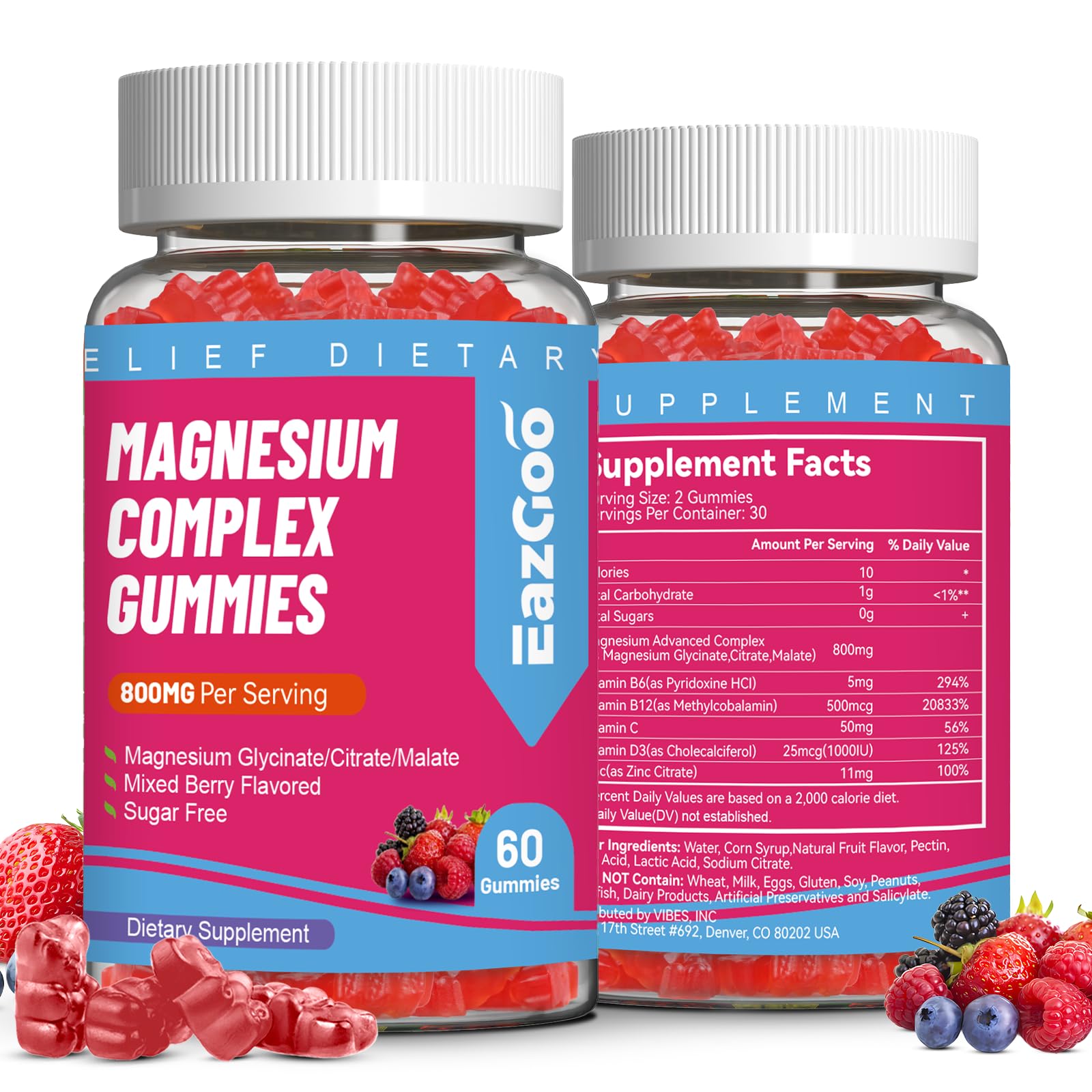 EAZGOO Magnesium Gummies 800mg - Vitamin D3, C, B6, B12 & Zinc Complex with Magnesium Glycinate, Citrate & Malate, 120 Gummies