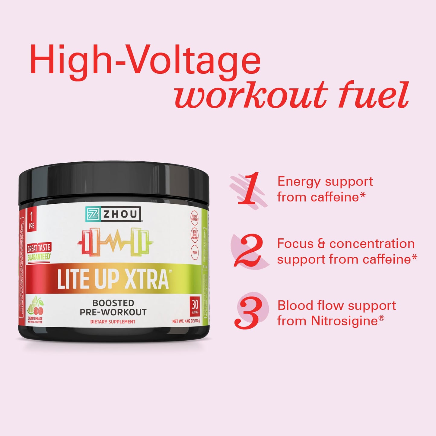 ZHOU Lite Up Xtra Pre Workout Powder Cherry Limeade, 16 oz