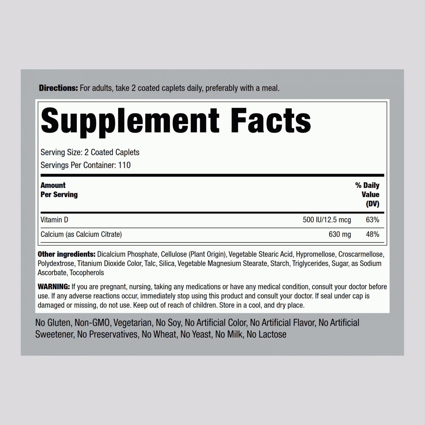 Piping Rock Calcium Citrate with Vitamin D3 630 mg Caplets, 220 Count