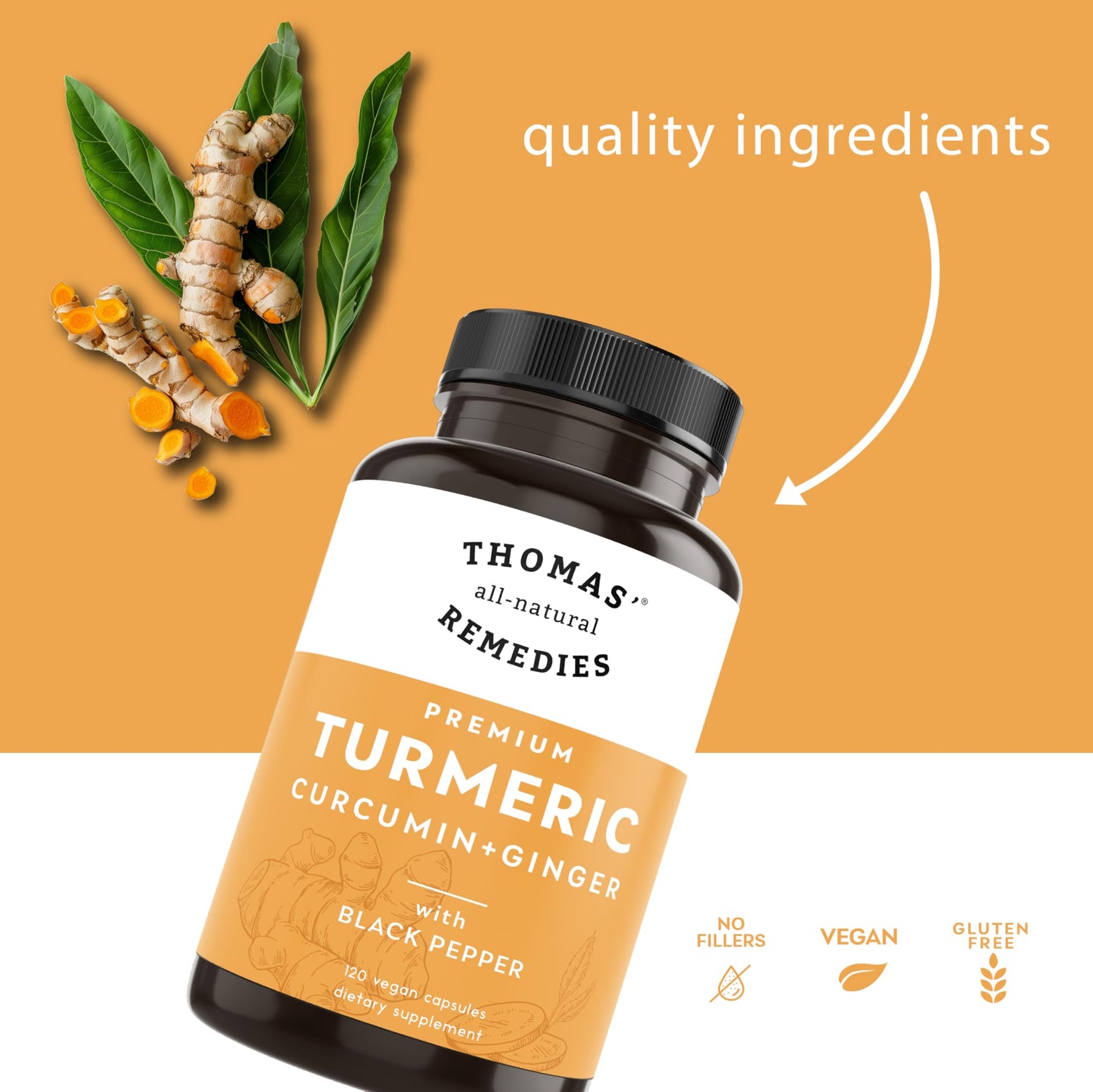 Thomas' all-natural Remedies Turmeric Curcumin and Ginger Joint Support Supplement Capsule 120 Count