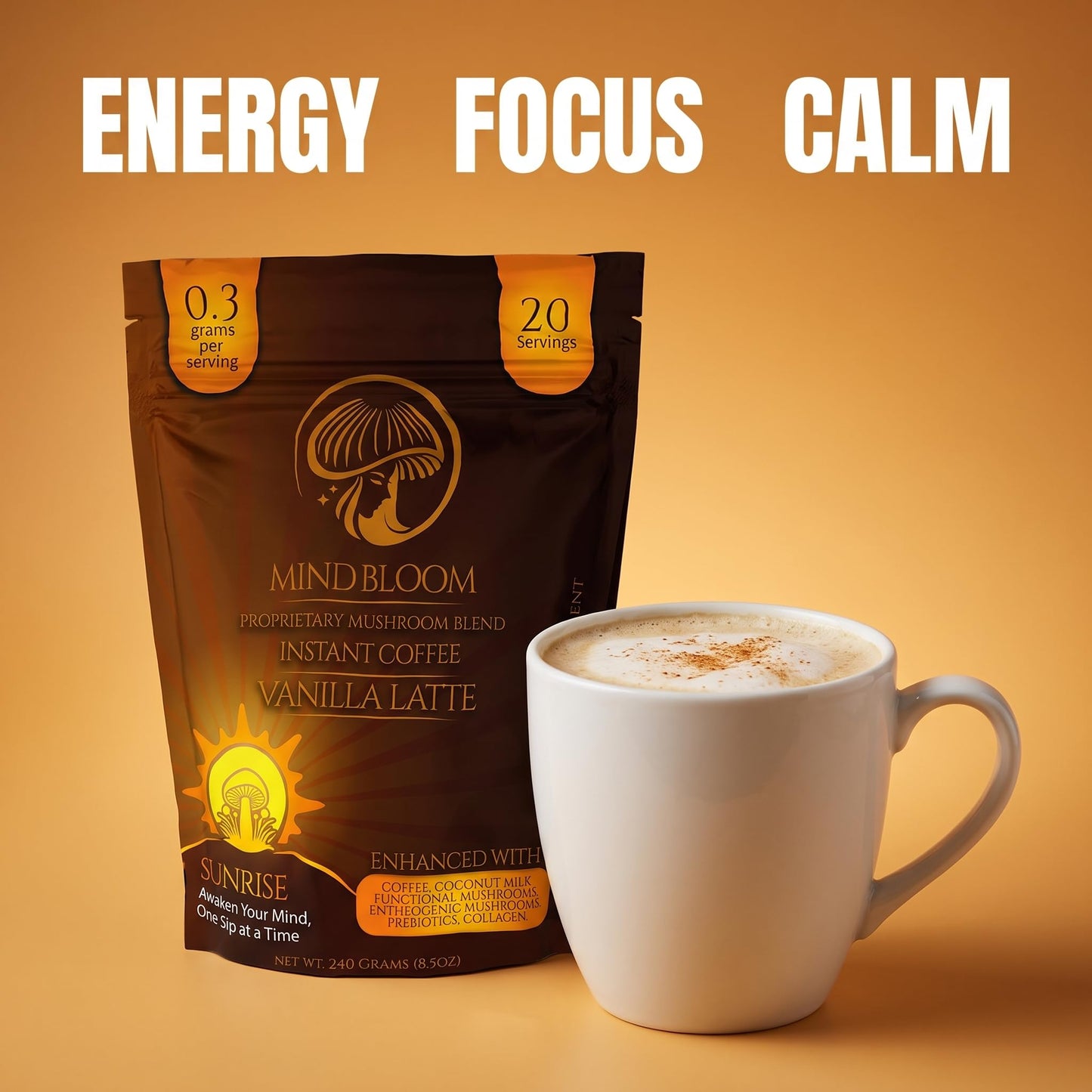 Mind Bloom Sunrise Vanilla Latte Instant Coffee with Proprietary Mushroom Blend, Powder, 8.5 oz