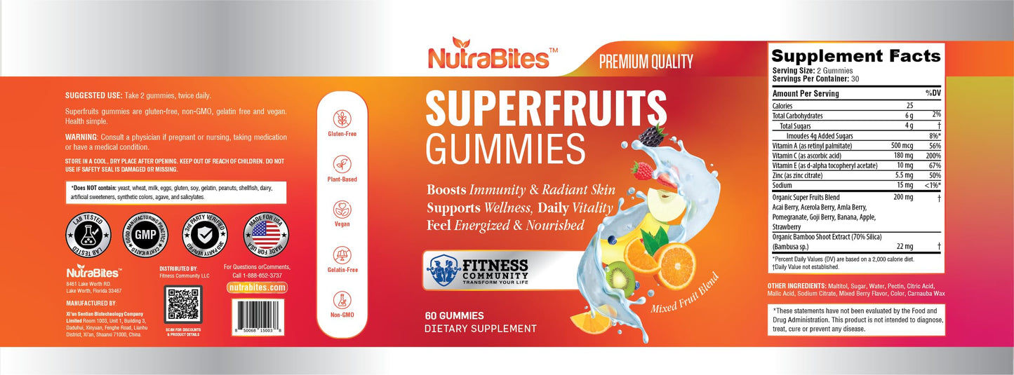 NutraBites Superfruit Gummies with Antioxidants, Vitamin C & Zinc - Immune Support & Radiant Skin - All-Natural Energy - Vegan, Non-GMO & Gluten-Free - Delicious Berry Flavor, 60 Gummies