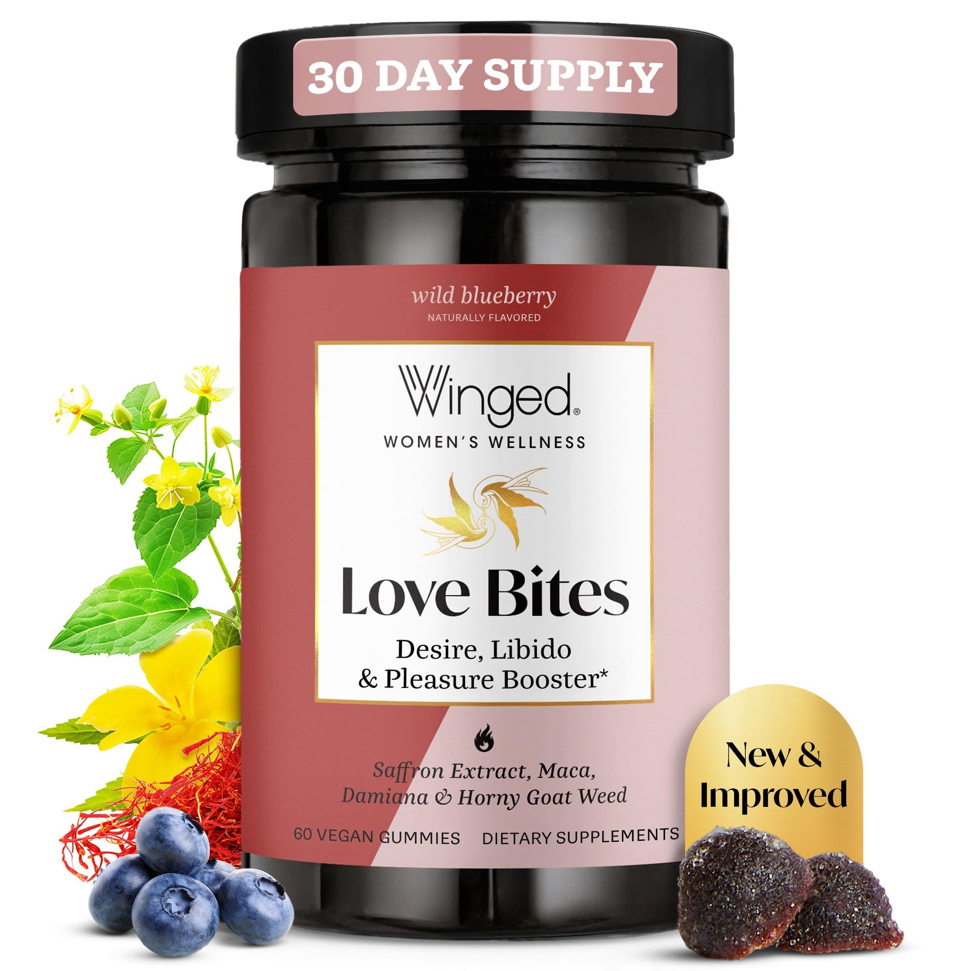 Winged Wellness Love Bites Libido Booster for Women with Maca Root, Horny Goat Weed & Damiana Gummy Supplement - Wild Blueberry, 60 Gummies