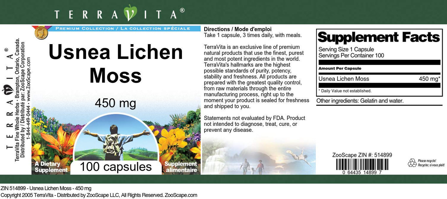 Terravita Usnea Lichen Moss 450 mg, 300 Capsules
