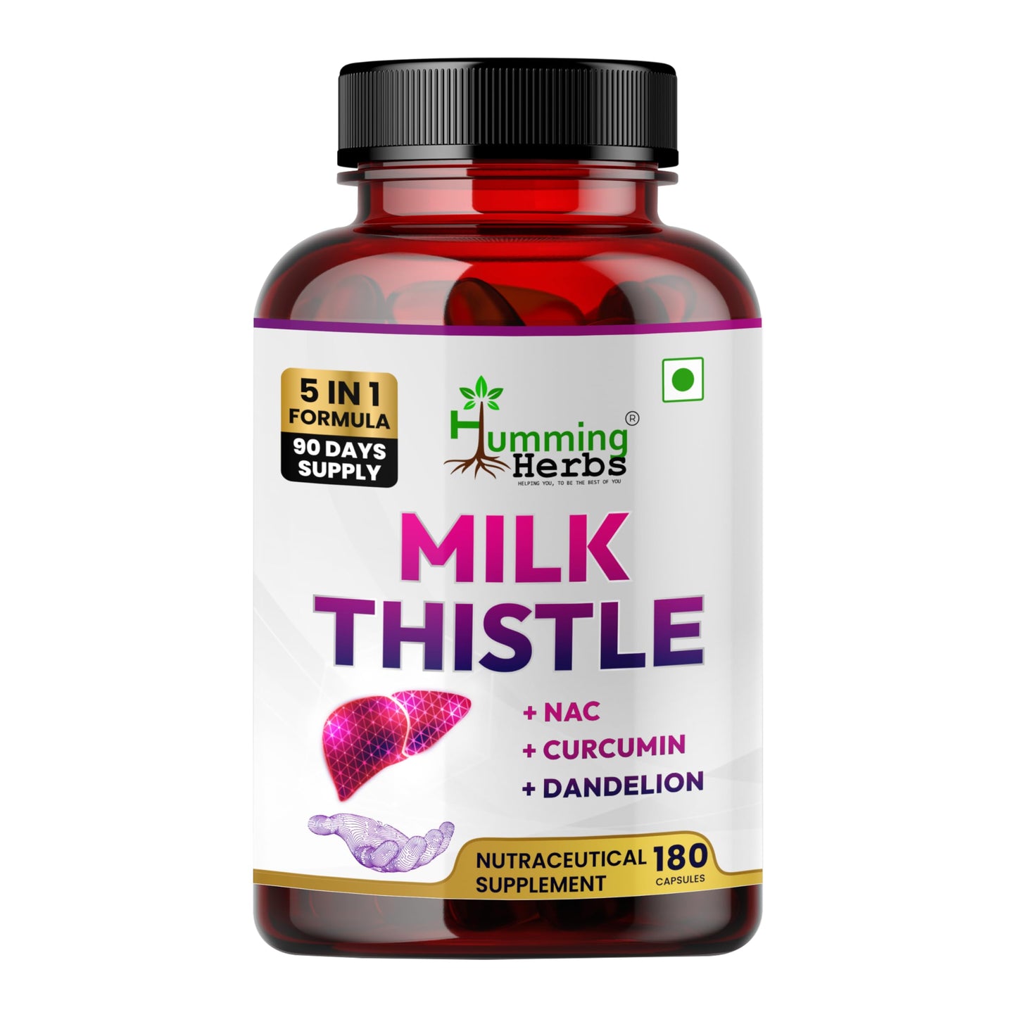 Humming Herbs Milk Thistle Supplement 1000Mg 5-in-1 Formula with NAC, Curcumin, Dandelion & Black Pepper Capsules 180