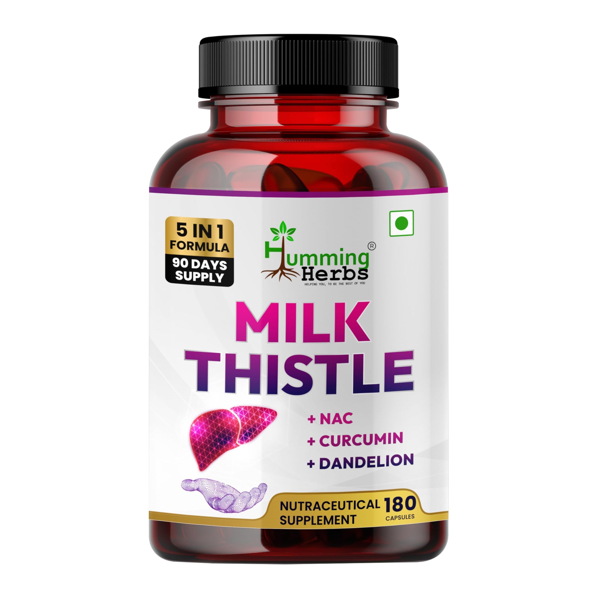 Humming Herbs Milk Thistle Supplement 1000Mg 5-in-1 Formula with NAC, Curcumin, Dandelion & Black Pepper Capsules 180