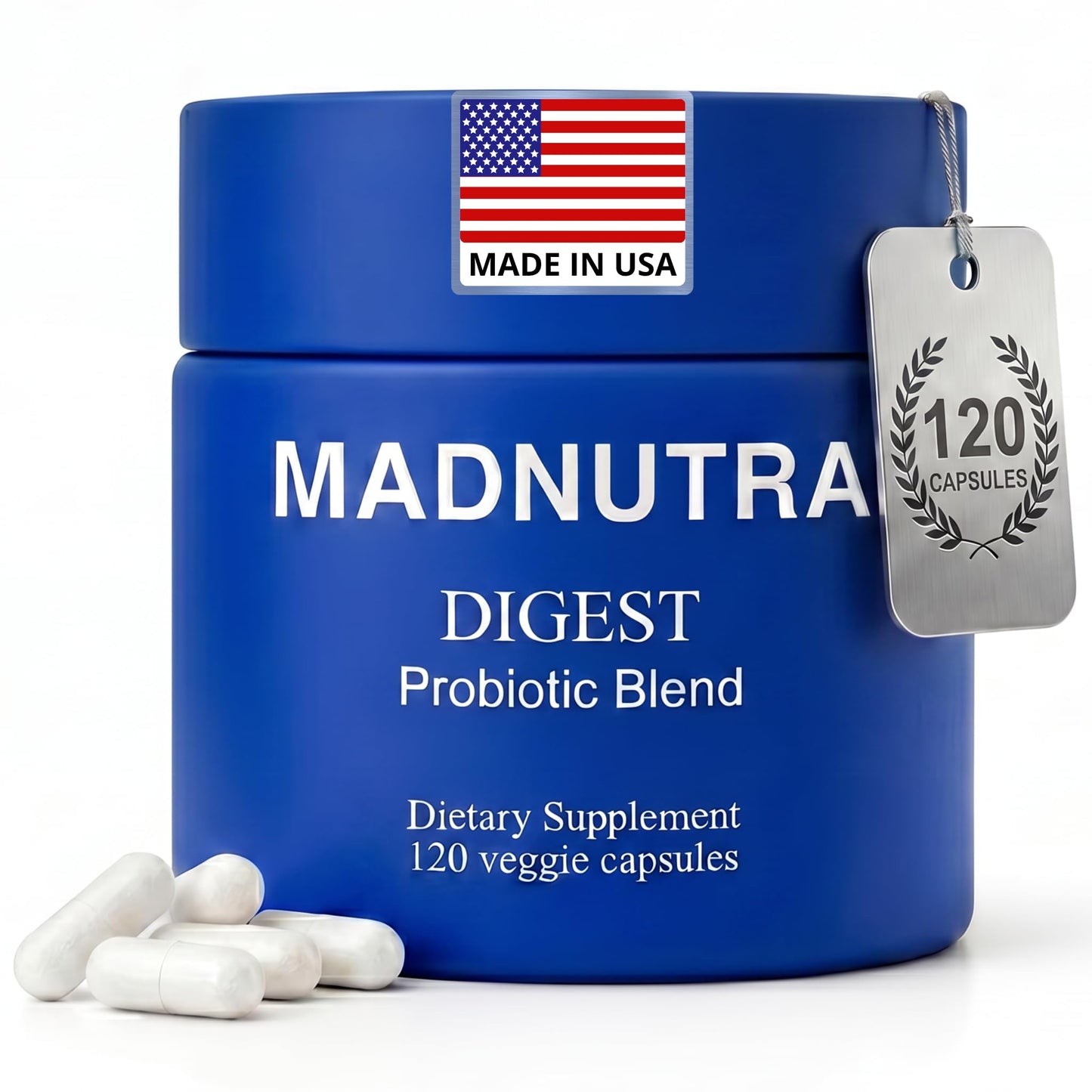 MadNutra Probiotic for Digestive Health - Bloating Relief Daily Probiotics for Women and Men 750 Million CFU 10 Strains - Enteric Coated Vegan Capsules for Gut Health & Immune Support, 120 Capsules