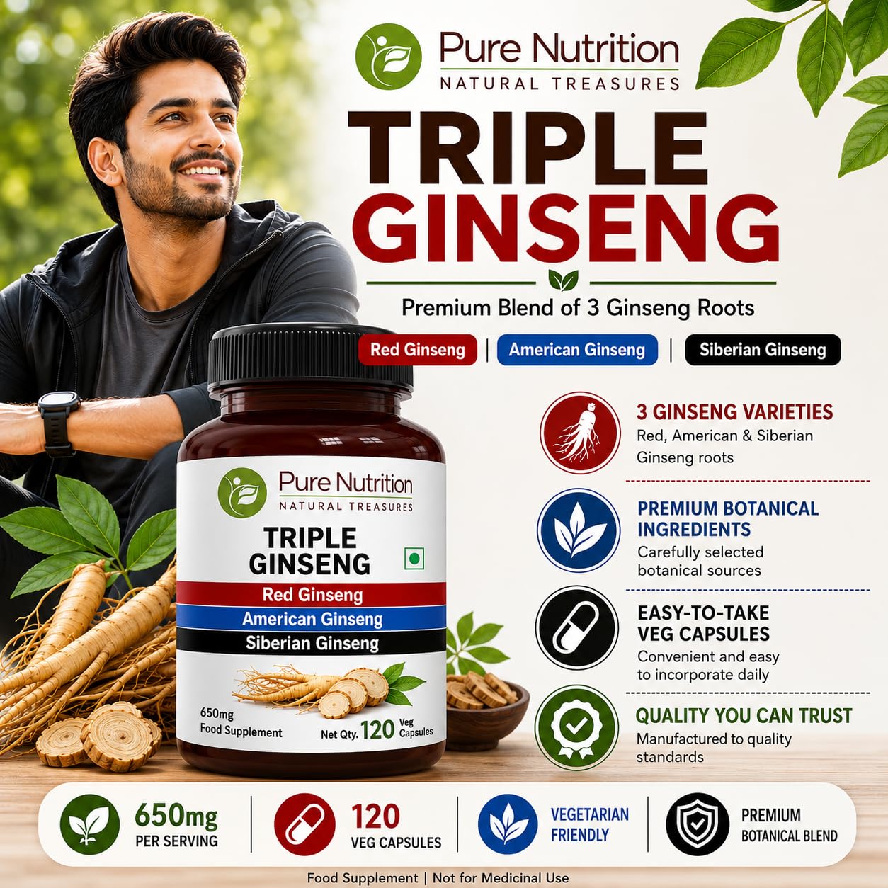 PURE NUTRITION NATURAL TREASURES Triple Ginseng 650mg Capsules, 120 Count