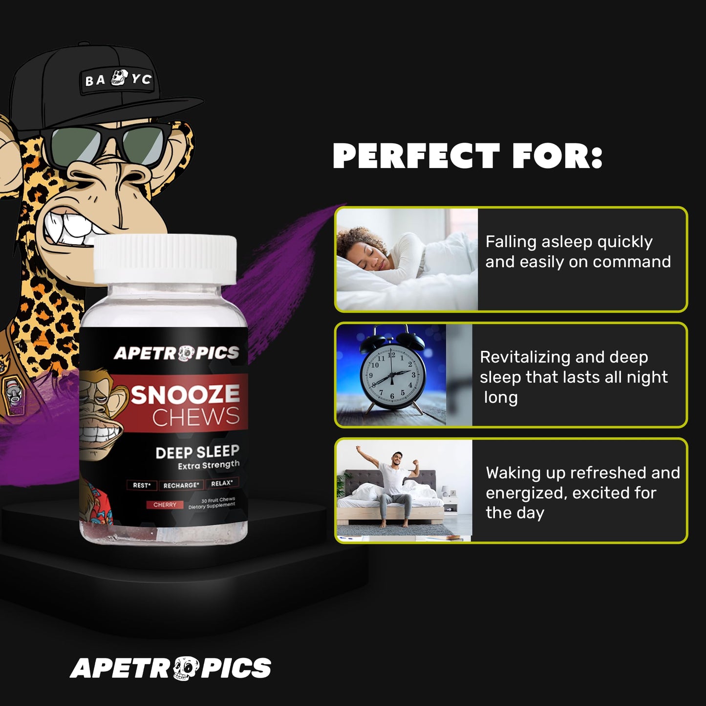 Apetropics Snooze Chews Gummy Deep Sleep Formula with L-Theanine, Chamomile, Melatonin, Tart Cherry & Magnesium - Cherry Flavor, 30 Count