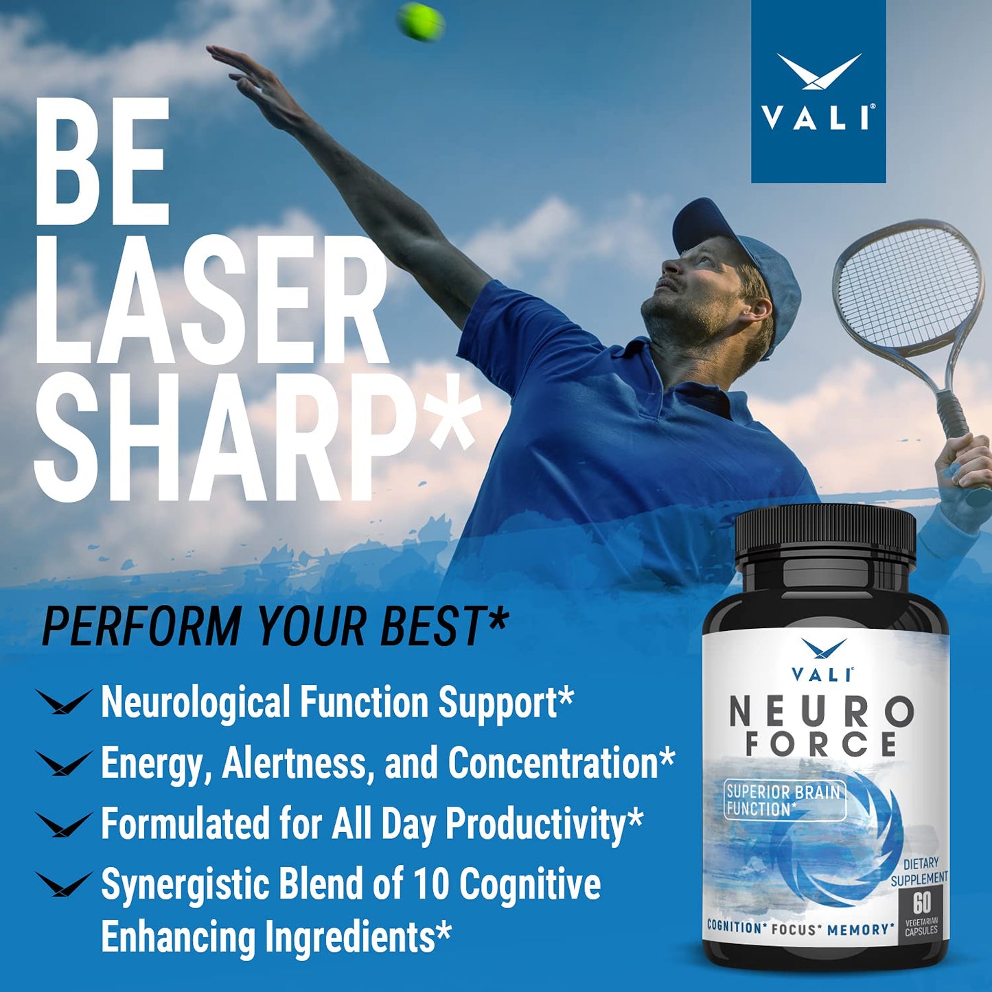 VALI Neuro Force Brain Booster Capsule, 60 Count, Nootropic for Focus, Memory, Clarity & Energy, with Natural Caffeine