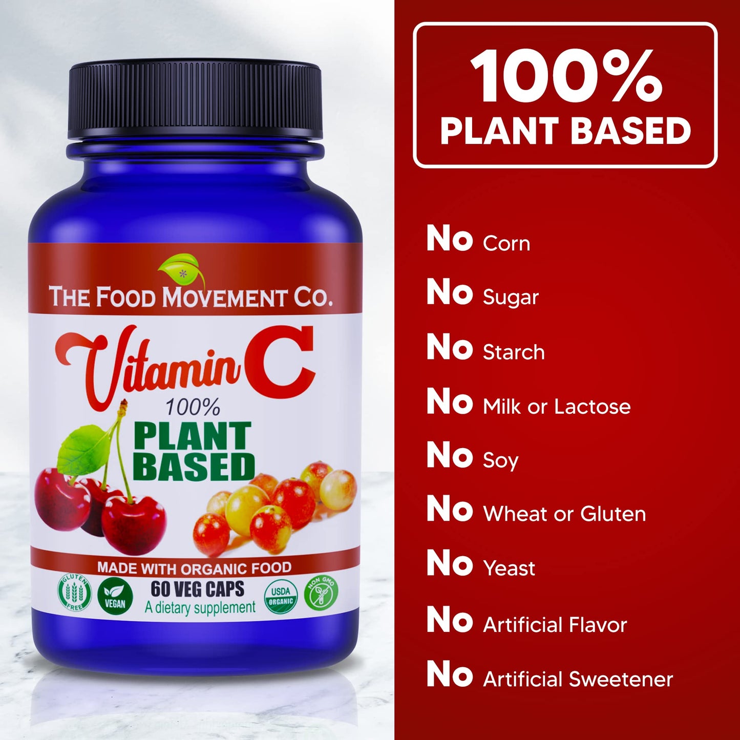 The Food Movement Co. 100% Plant-Based Vitamin C Capsules, 60 Count