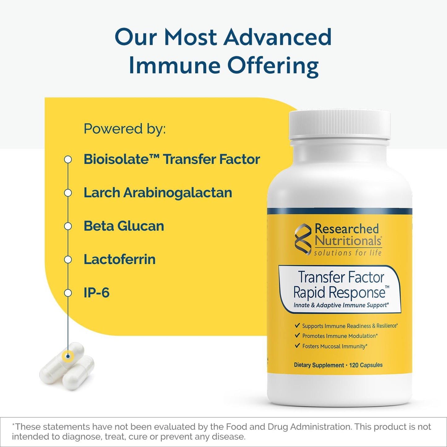 Researched Nutritionals Transfer Factor Rapid Response Immune Support Supplement - Colostrum Blend with Beta Glucan, IP-6 & Lactoferrin, Fast-Acting Innate & Adaptive Immune Modulation Capsules, 120 Count