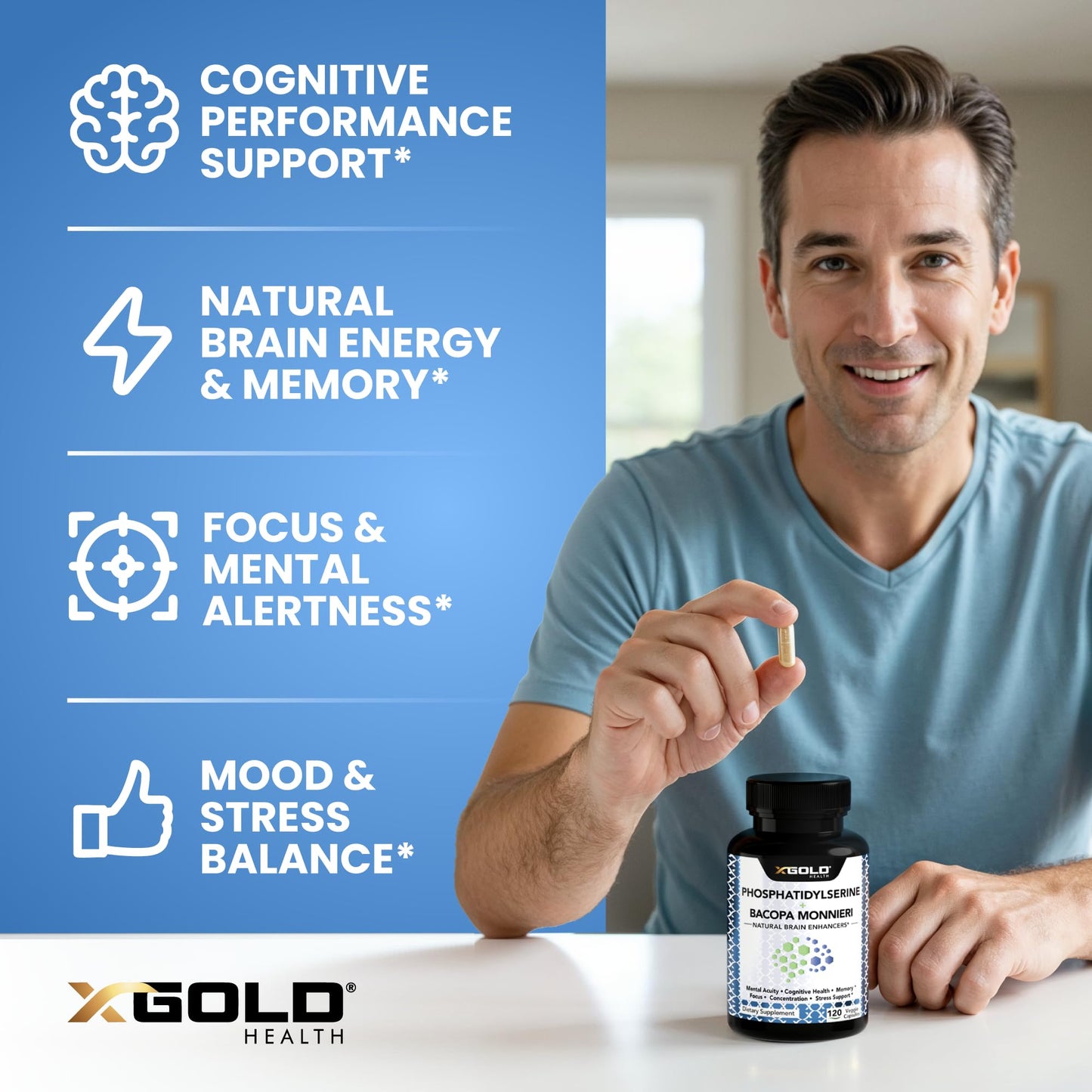 X Gold Health PhosphatidylSerine & Bacopa Monnieri 800 mg 2 in 1 Supplement Capsules, 120 Count