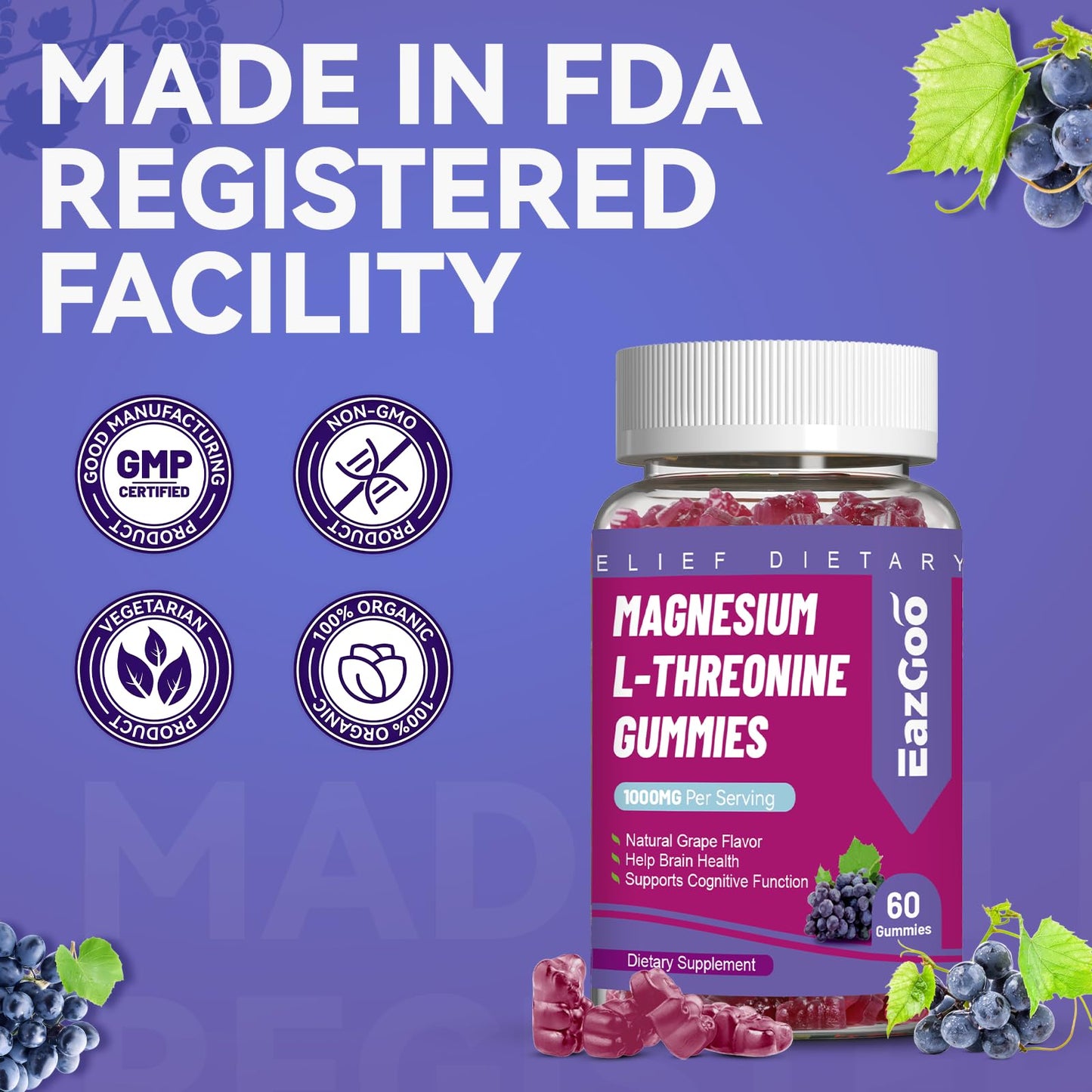 EAZGOO Magnesium Threonine Gummies 1000mg, 60 Count