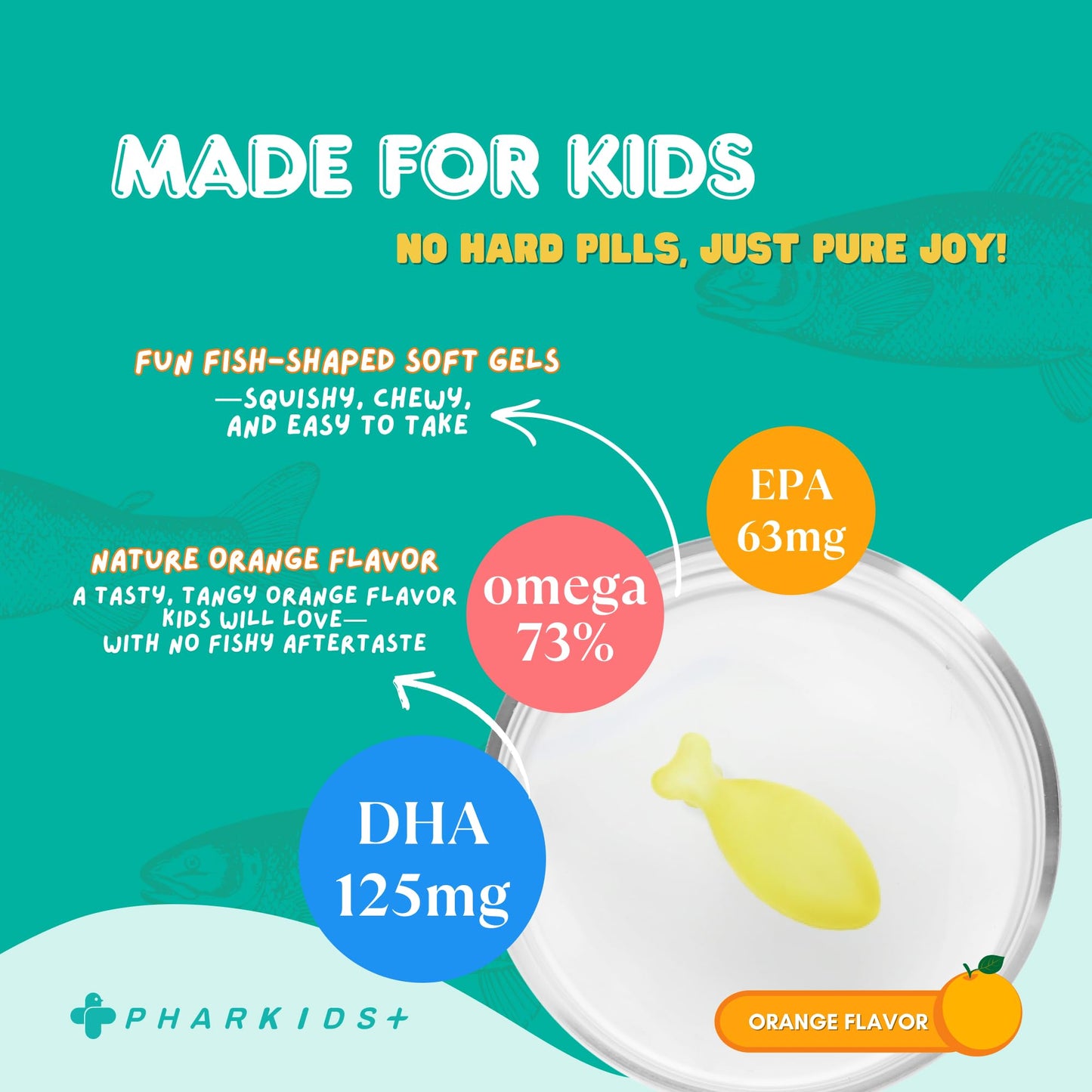 PHARGOODS+ Kids' Fish Oil 272mg Omega-3 DHA & EPA for Brain, Vision & Immune Support Orange Flavor Fish-Shaped Soft Gels, 60 Servings