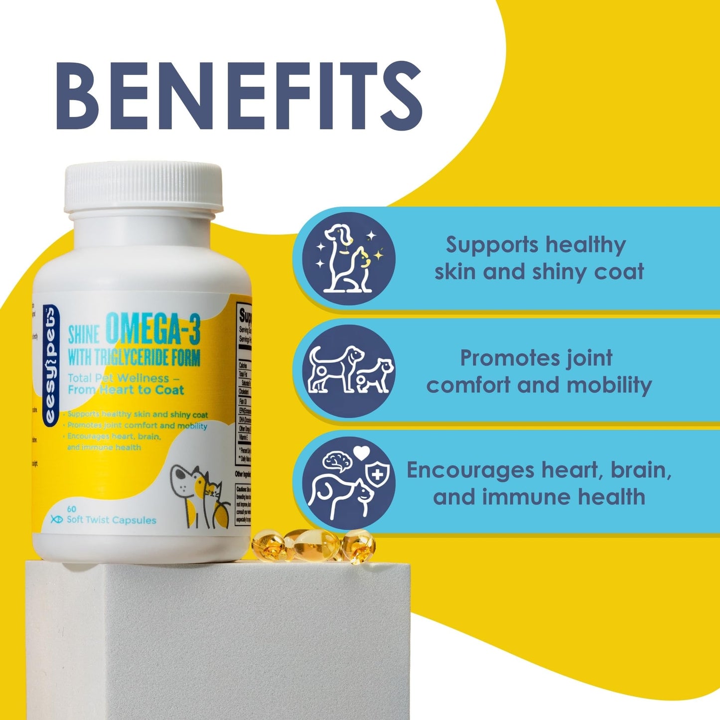 EESY PET Shine Omega-3 Fish Oil for Dogs & Cats, 60 Capsules