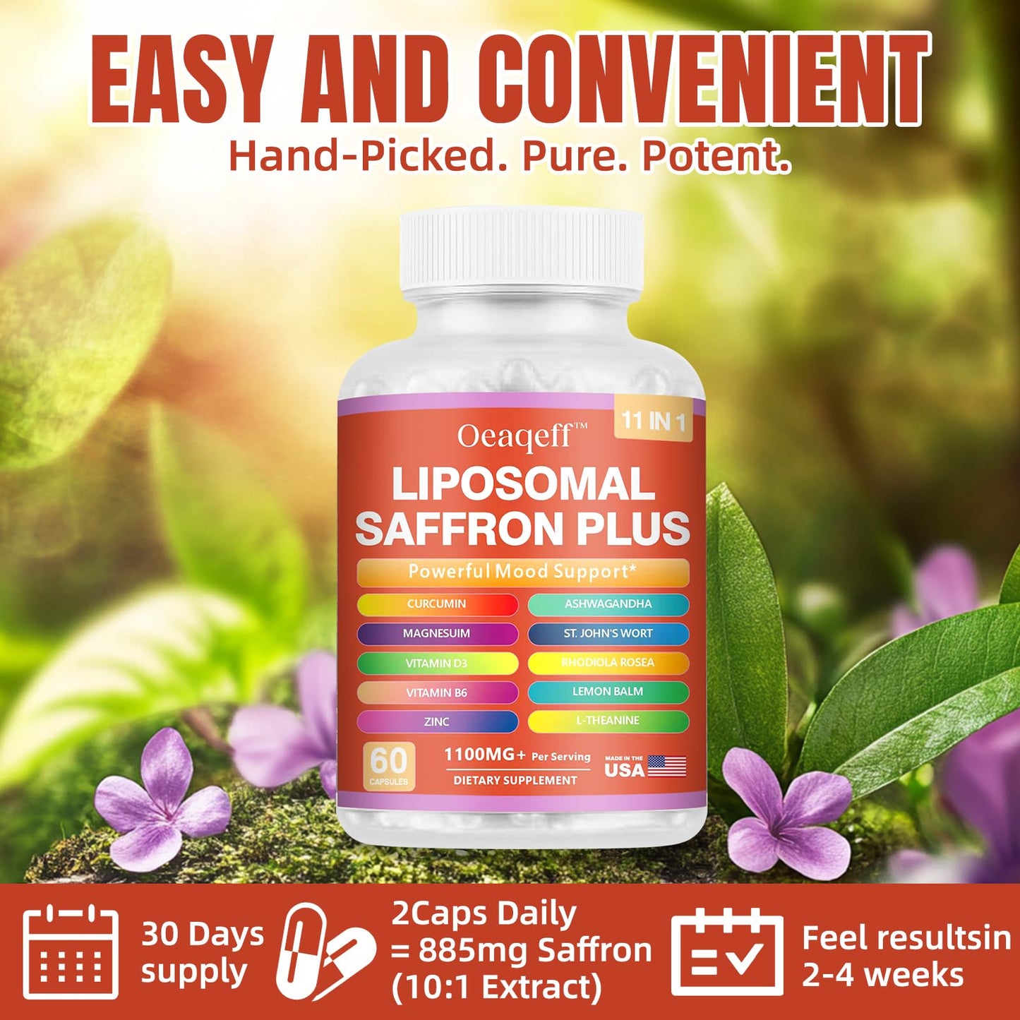 Oeaqeff Liposomal Saffron Supplements 11-in-1, 100% Pure Saffron Extract 88.5 mg Maximum Absorption for Mood, Energy & Vision, Vegan, Non-GMO, 60 Capsules