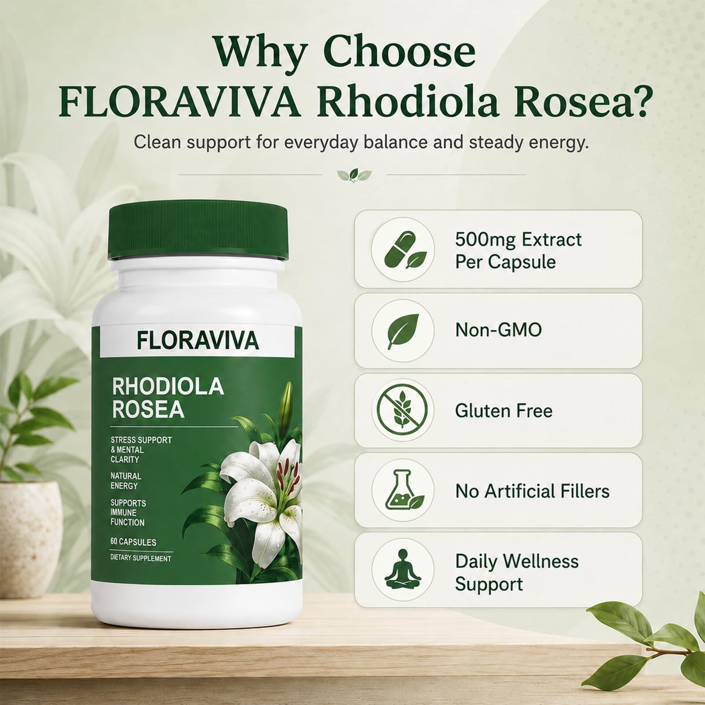 NO BALD Floraviva Rhodiola Rosea Supplement Capsule, 60 Count