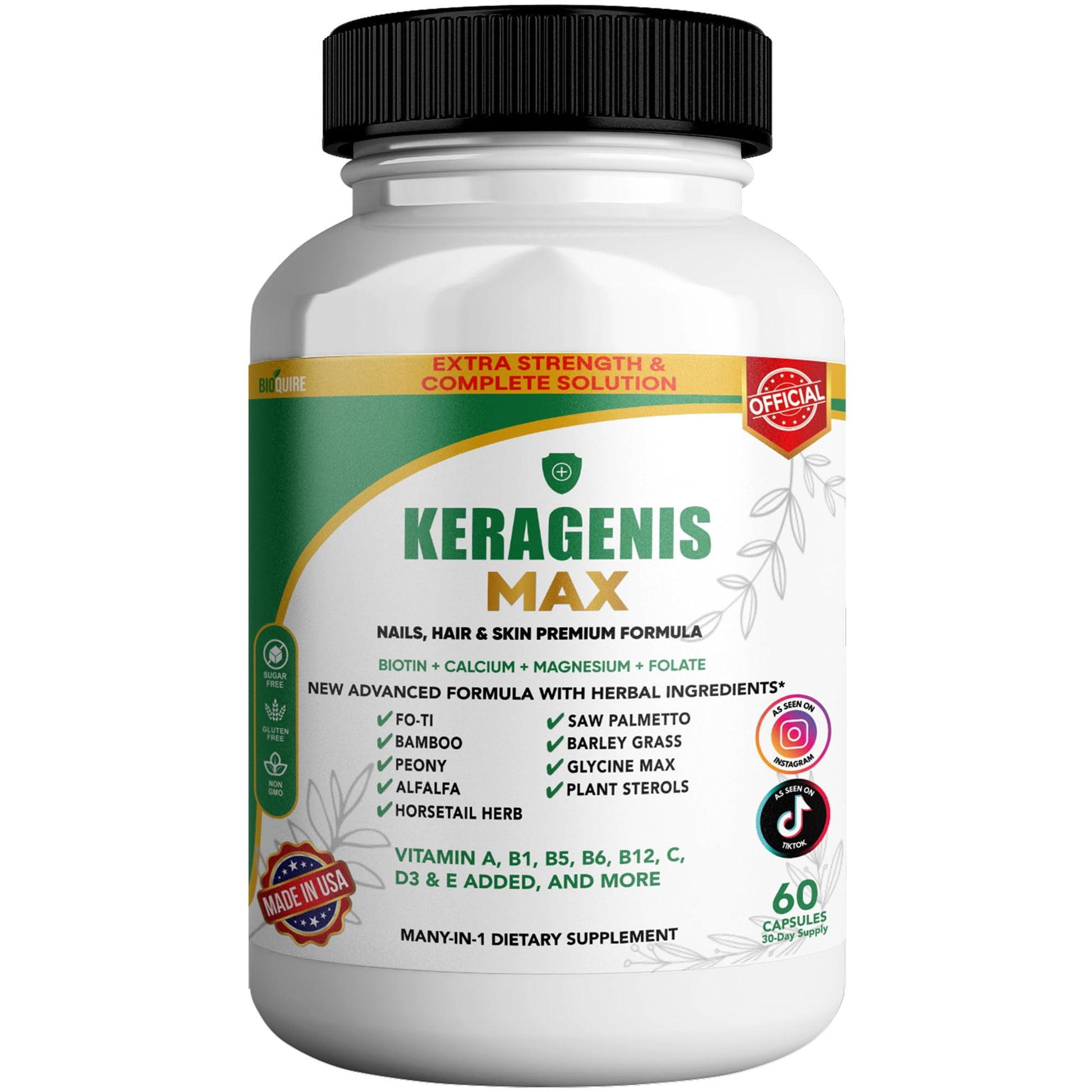 BIOQUIRE Keragenis Max Hair, Skin & Nails Supplement with Biotin 5000mcg, 60 Capsules