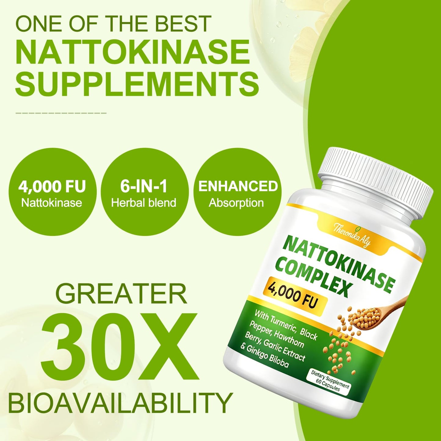 Theronika Aly Nattokinase Supplement 4000 FU with Turmeric & Black Pepper, Garlic, Ginkgo Biloba & Hawthorn Berry, Herbal Circulation Formula, High Potency Nattokinase, Non-GMO, 60 Capsules