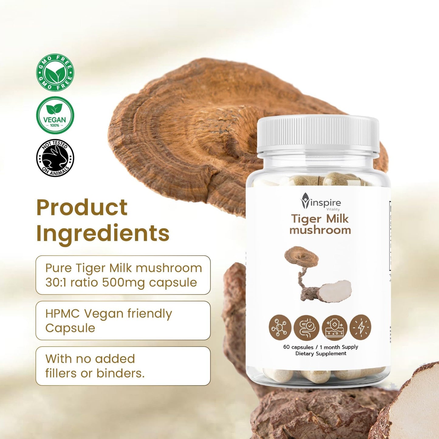 Inspire Vitality LLC Tiger Milk Mushroom for Lungs 500mg Capsules, 60 Count
