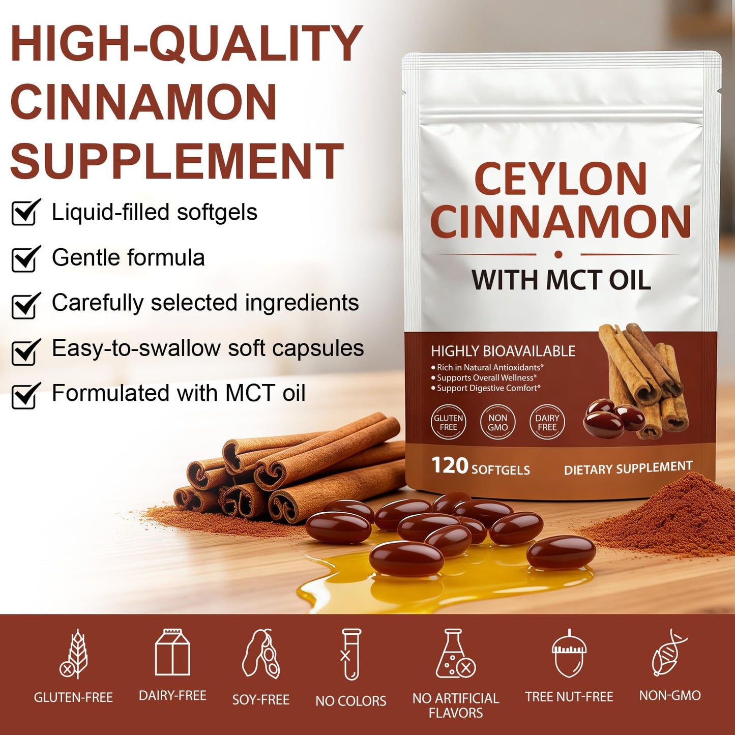 TAKNFDMY Ceylon Cinnamon Capsules with MCT Oil - 600mg True Cinnamon Extract Supports Digestive Comfort & Antioxidant - Non-GMO, Gluten-Free - 120 Capsules