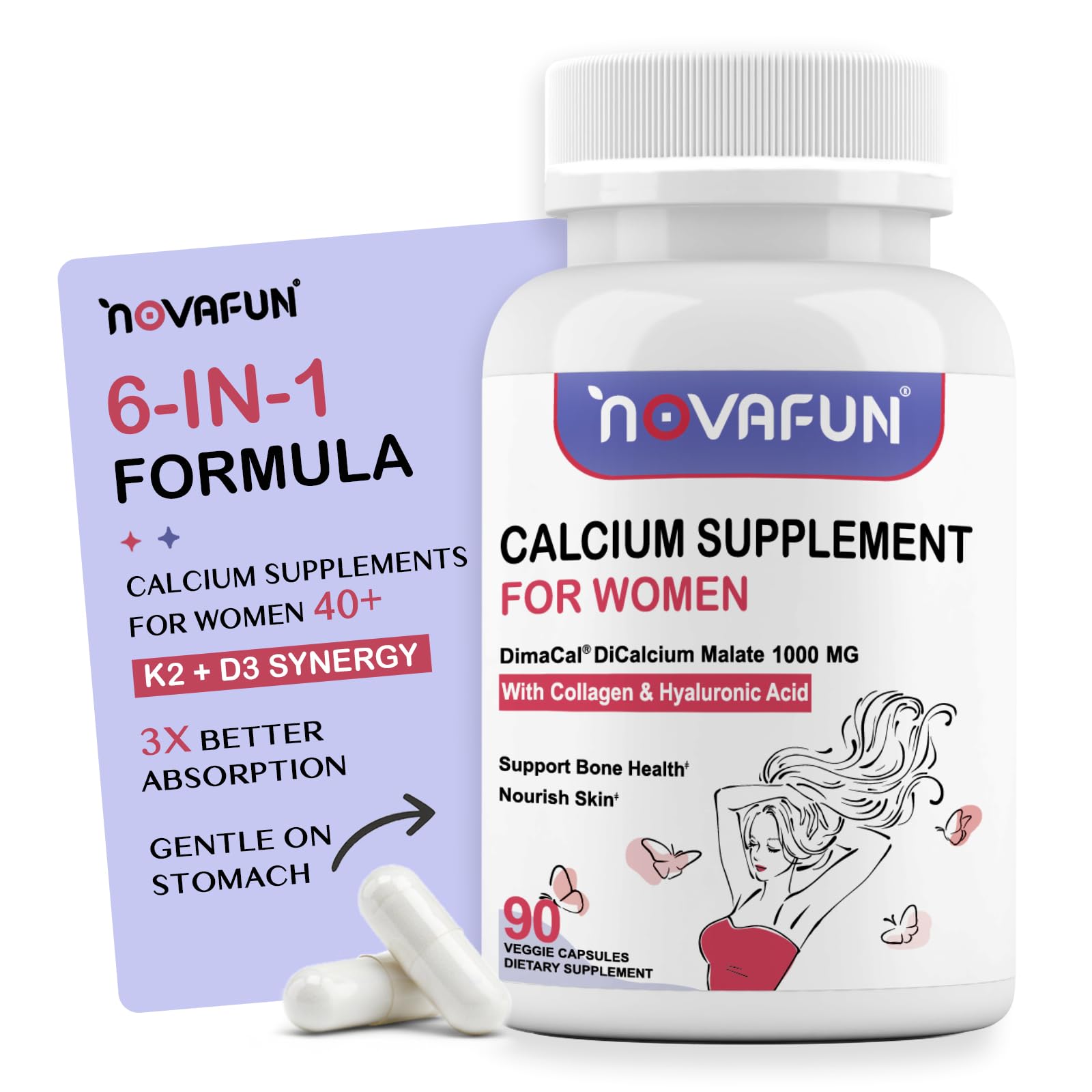 Novafun Calcium Supplements for Women 1000mg High Absorption Dicalcium Malate with Vitamin D3, K2, Magnesium, Collagen & Hyaluronic Acid - Bone & Skin Support Capsule, 90 Count