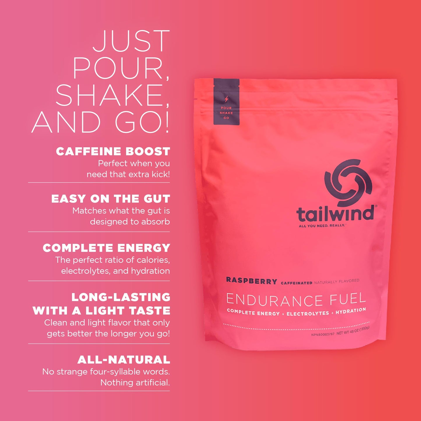 Tailwind Nutrition Caffeinated Endurance Fuel Raspberry Buzz Powder, 29 Servings