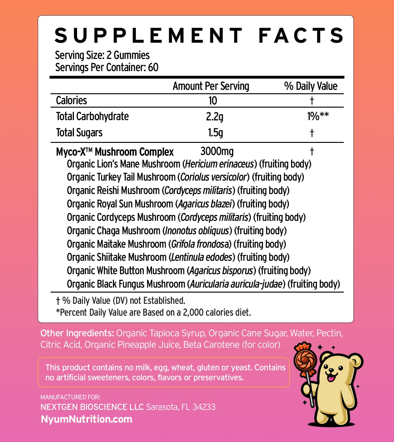 FUCOIDAN FORCE MYCO-X Mushroom Gummies, Organic, 10-in-1 Formula, Pineapple Twist, 60 Count