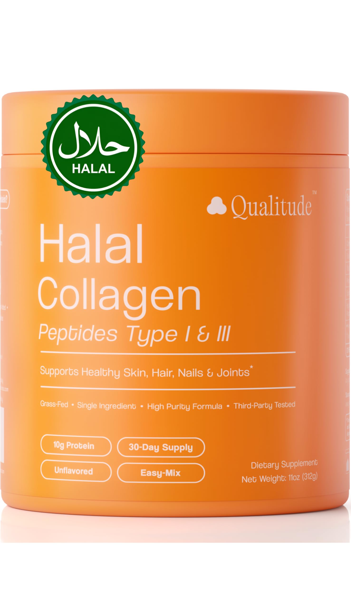 QUALITUDE Collagen Peptides Powder Halal Grass-Fed Bovine Unflavored, 11 oz