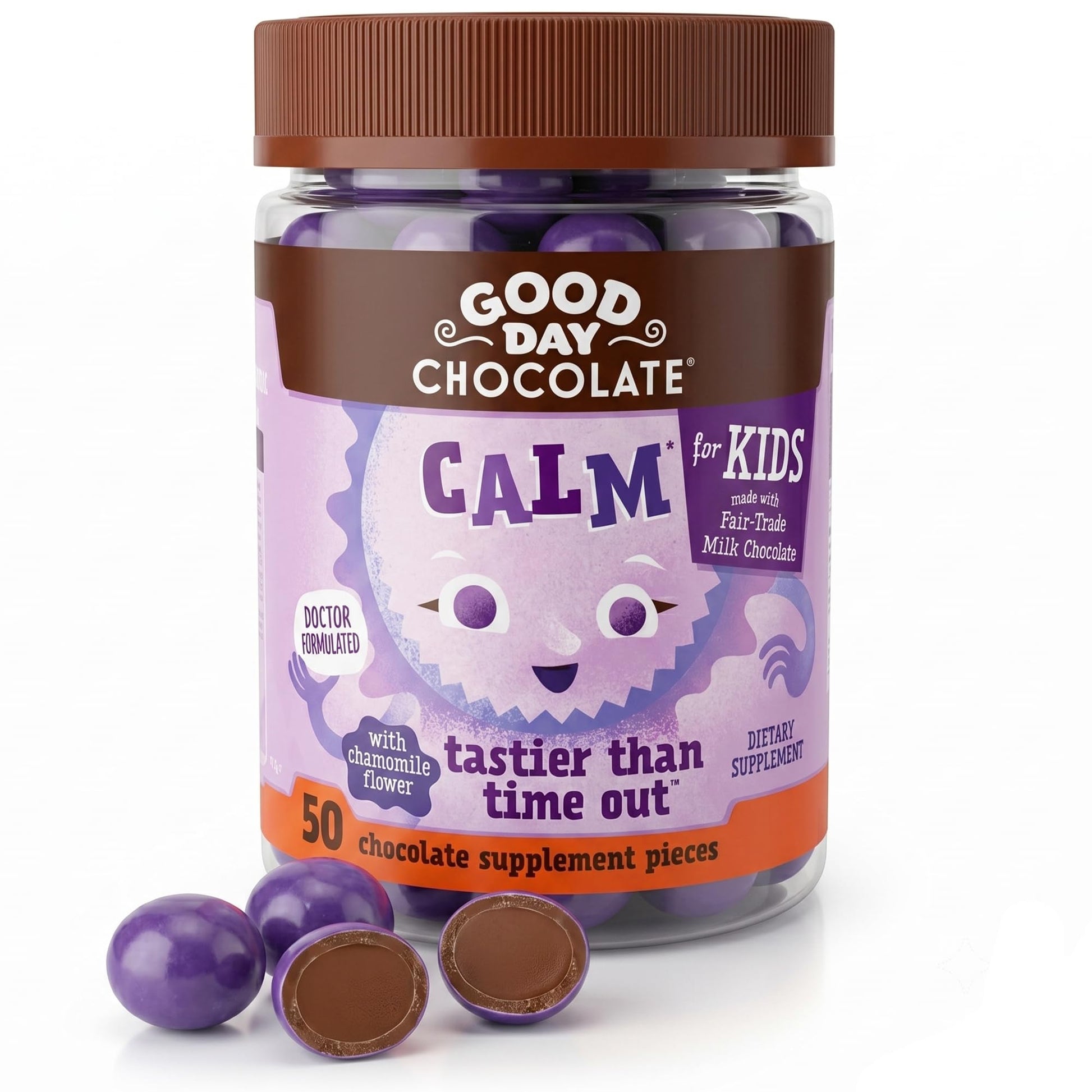 Good Day Chocolate Natural Calming Supplement for Kids, Blend of Camomile, L-Theanine, Fair Trade and Non-GMO Chocolate Gummy, 50 Gummies